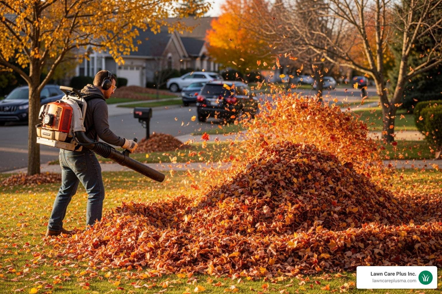 a person using a leaf blower to create a large pile of leaves - lawn leaf clean up