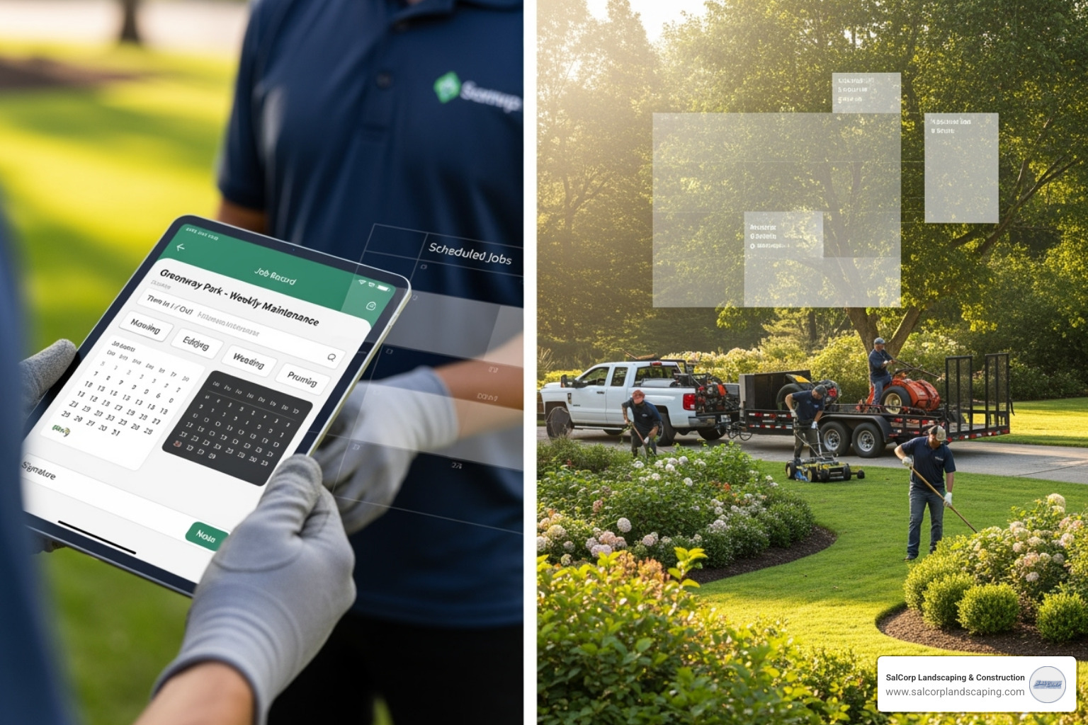 Drag-and-drop digital calendar showing multiple crew schedules for a week - landscape maintenance job record and scheduling