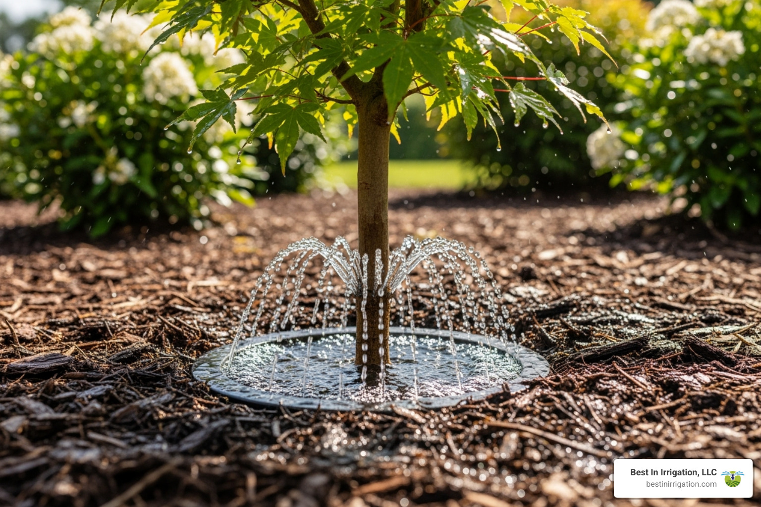 Image of a bubbler watering the base of a small tree or shrubbery in a garden bed (in-ground system) - best lawn sprinkler for small area