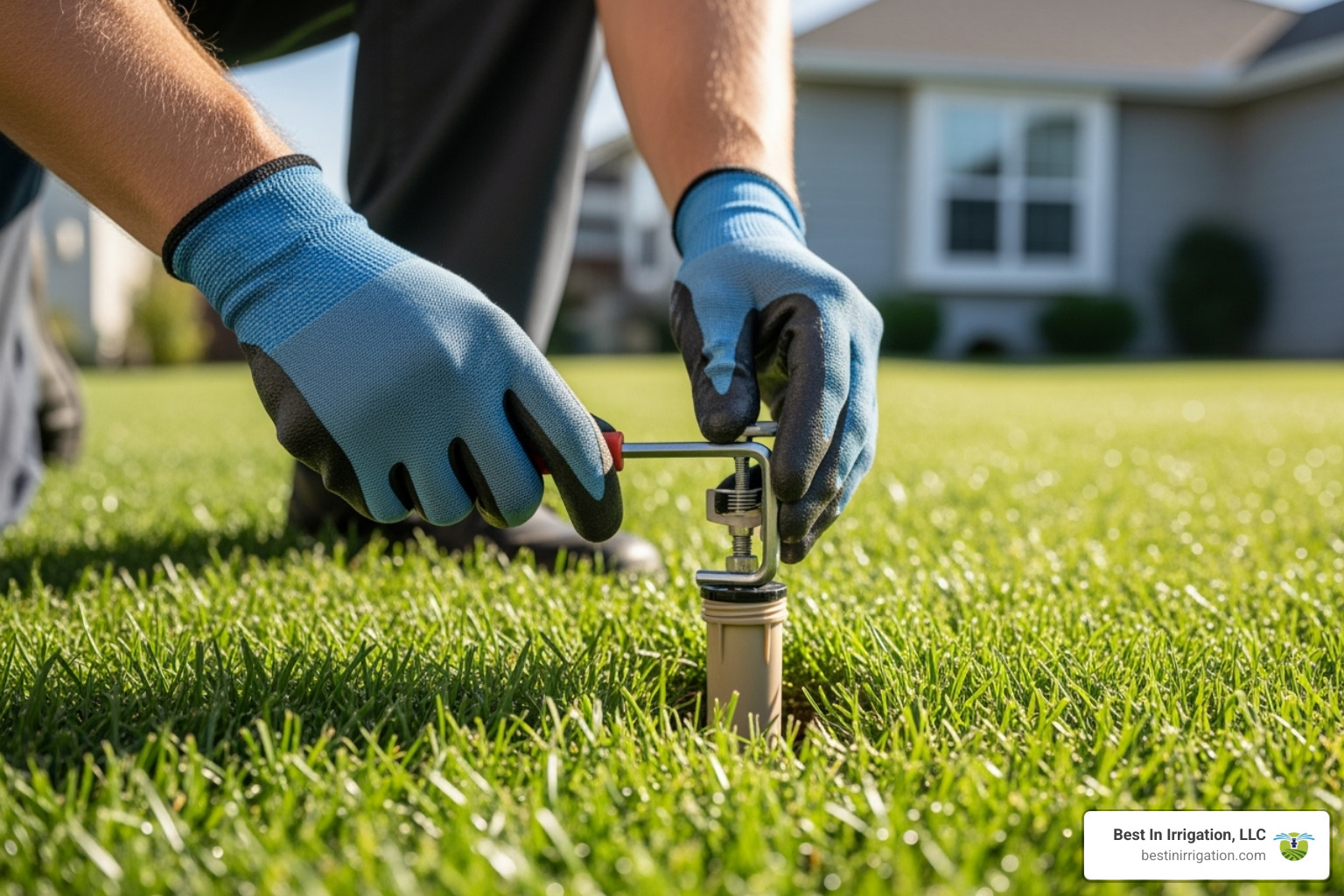 Image of a technician adjusting an in-ground sprinkler head with a tool - best lawn sprinkler for small area