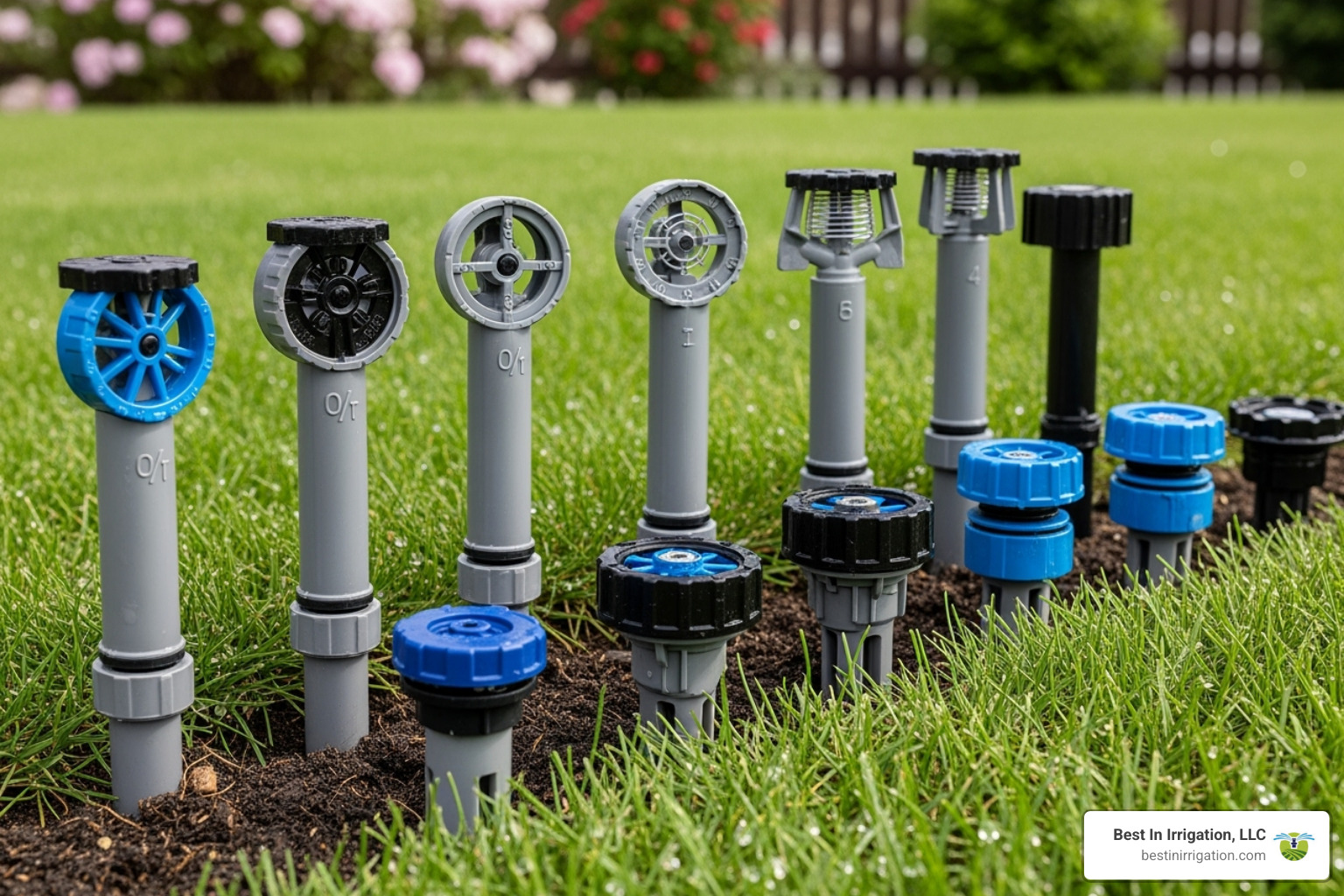 Image of different types of in-ground sprinkler heads suitable for small areas, such as spray heads, rotary nozzles, and bubblers - best lawn sprinkler for small area