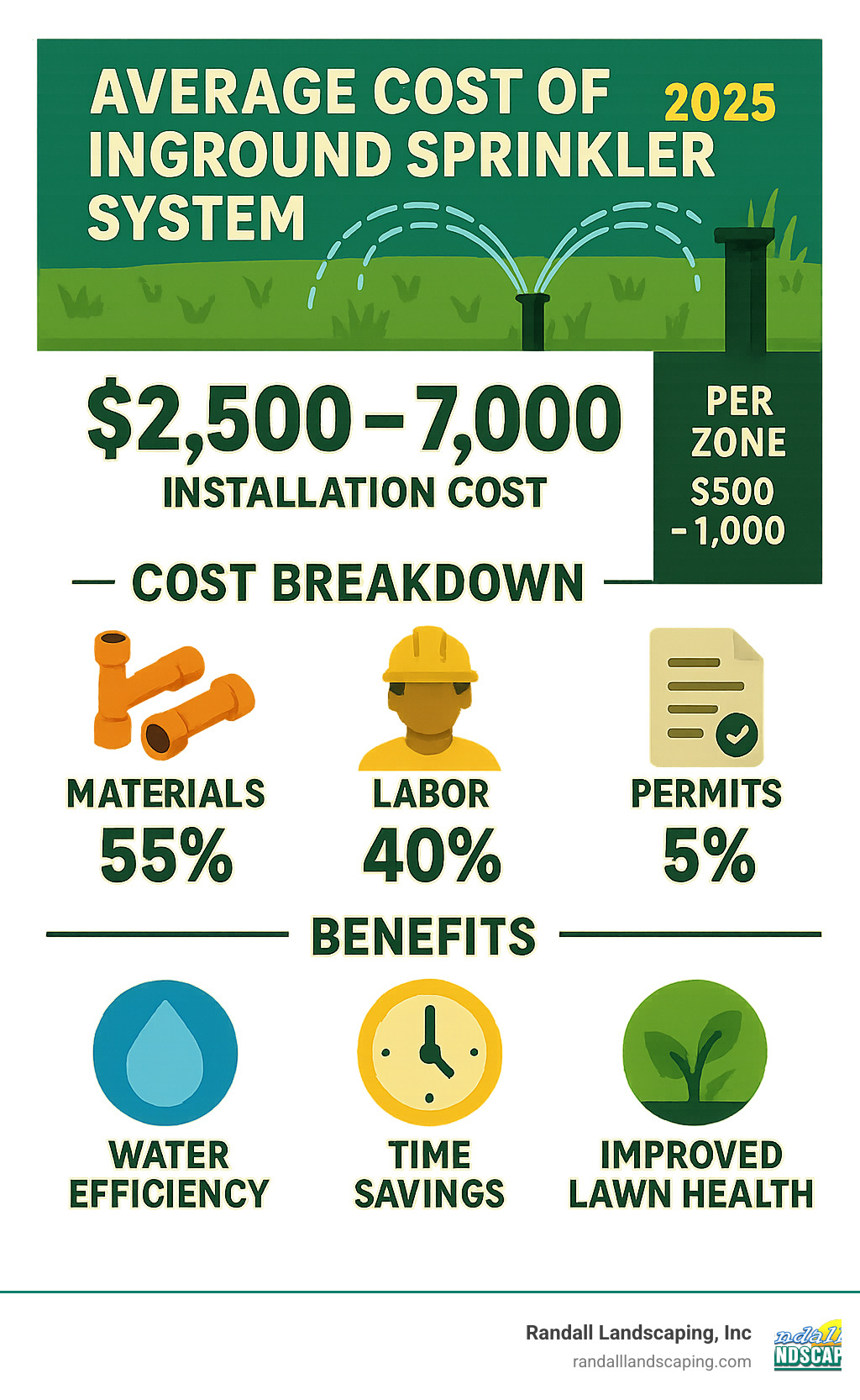 Infographic showing cost breakdown of inground sprinkler system installation including materials, labor, permits, and zone-based pricing with benefits of water efficiency, time savings, and improved lawn health - average cost of inground sprinkler system infographic 