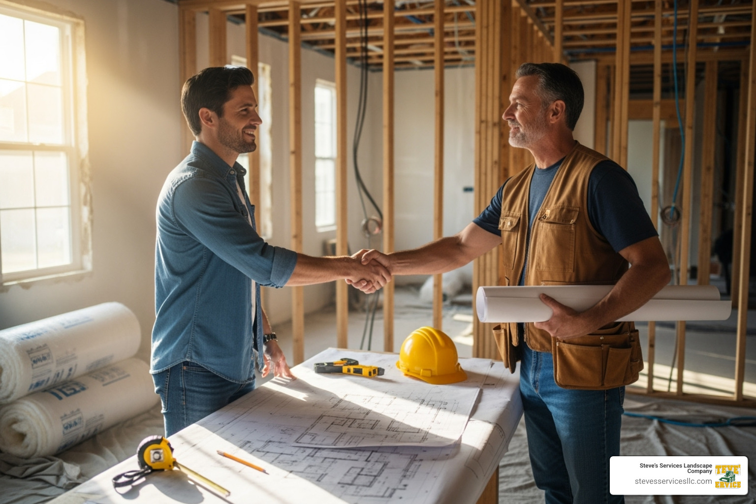 Homeowner shaking hands with a contractor over blueprints - renovation general contractor
