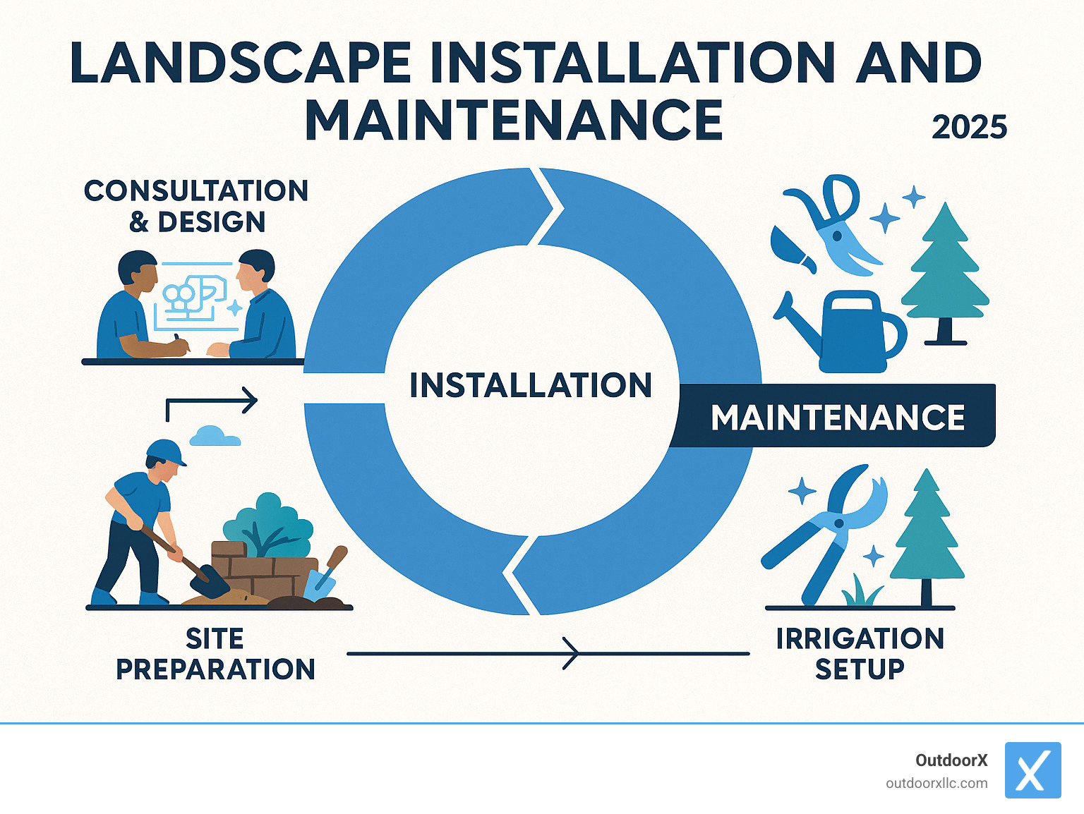 Infographic showing the complete landscape cycle from initial consultation and design through installation phases including site preparation, hardscape construction, plant installation, and irrigation setup, followed by ongoing maintenance tasks like watering, pruning, fertilizing, and seasonal care to protect the investment long-term - landscape installation and maintenance infographic 