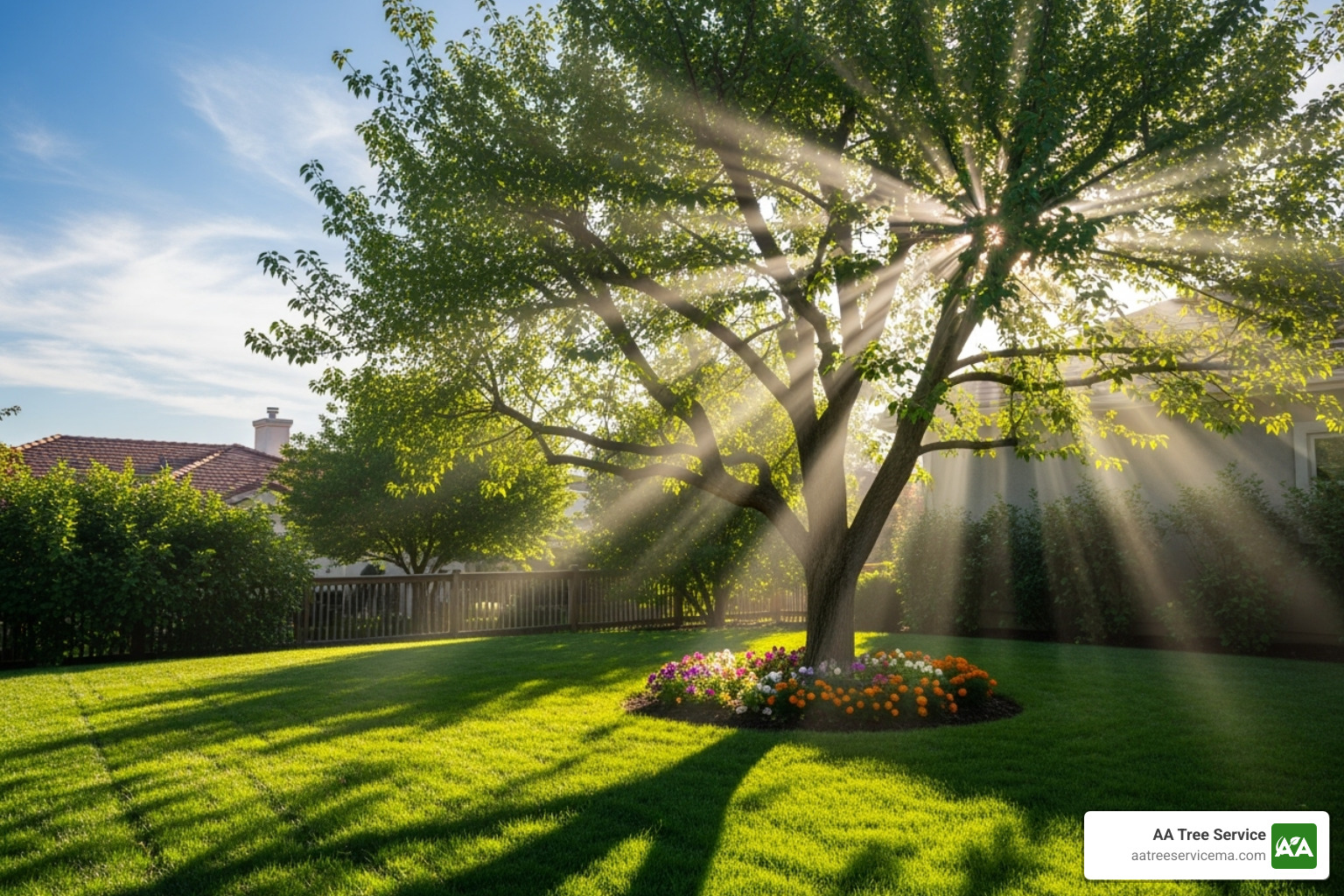 sunny yard with a well-pruned tree, showing increased light penetration - tree crown reduction sunny yard with a well-pruned tree, showing increased light penetration - tree crown reduction