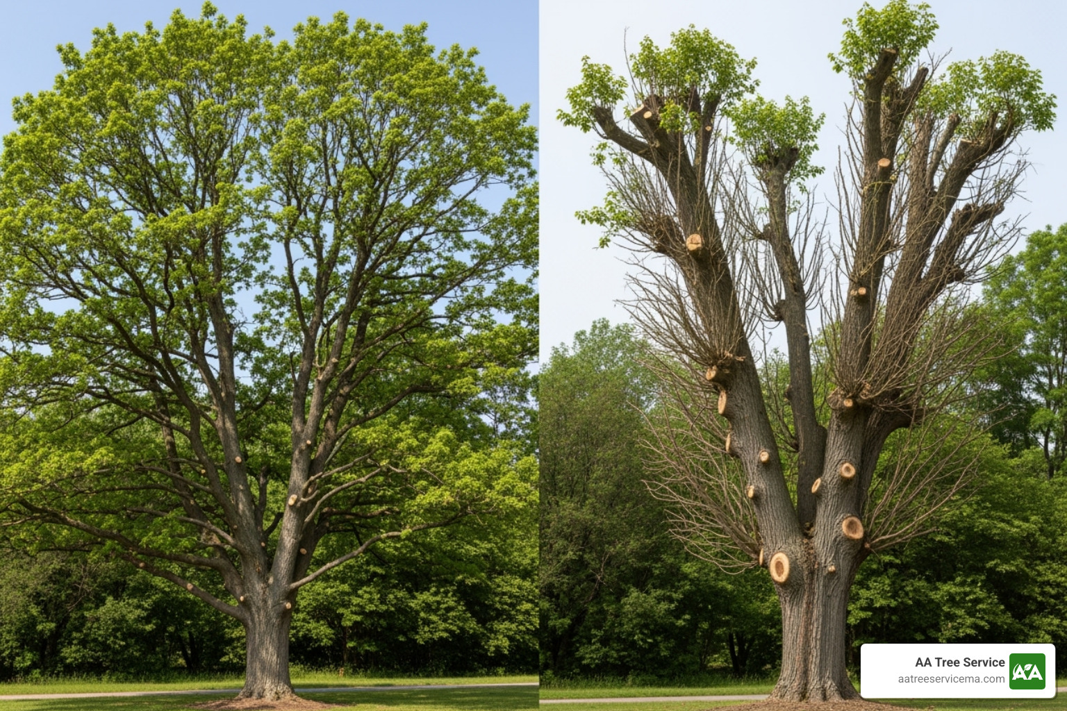 properly reduced tree next to a horribly topped tree - tree crown reduction properly reduced tree next to a horribly topped tree - tree crown reduction