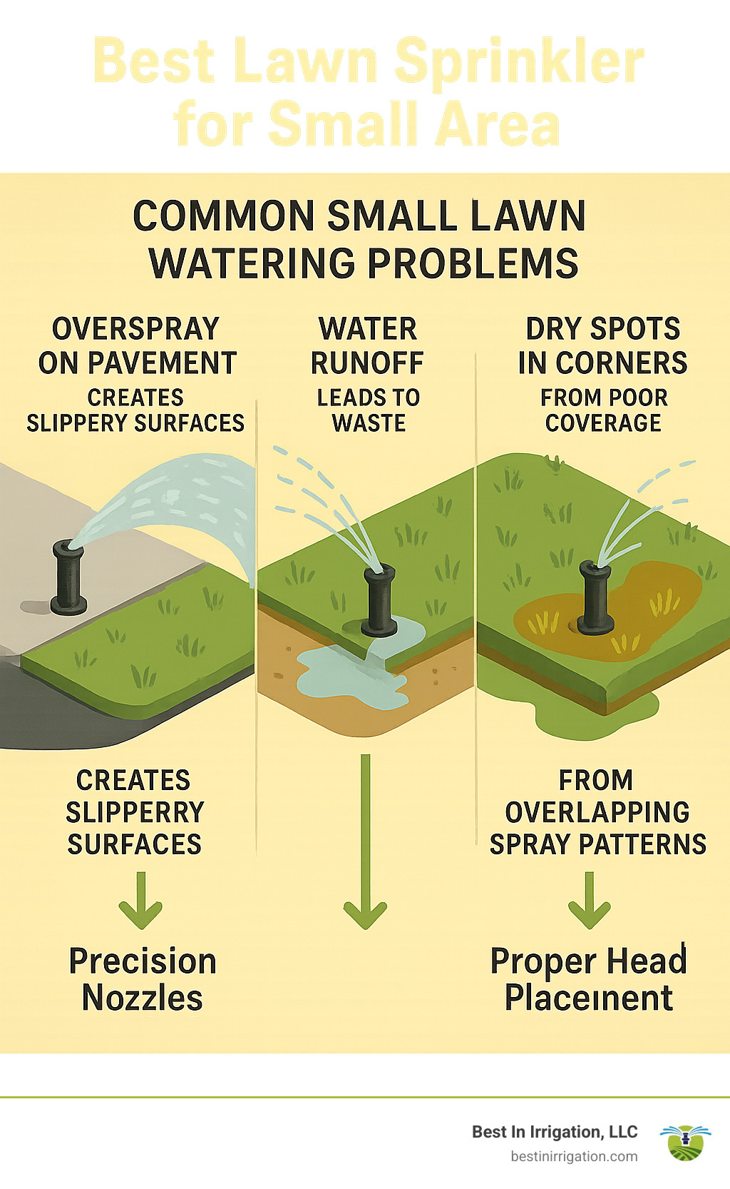 Infographic showing common small lawn watering problems including overspray on pavement creating slippery surfaces, water runoff leading to waste, dry spots in corners from poor coverage, and wet spots from overlapping spray patterns, with arrows pointing to solutions like precision nozzles and proper head placement - best lawn sprinkler for small area infographic 