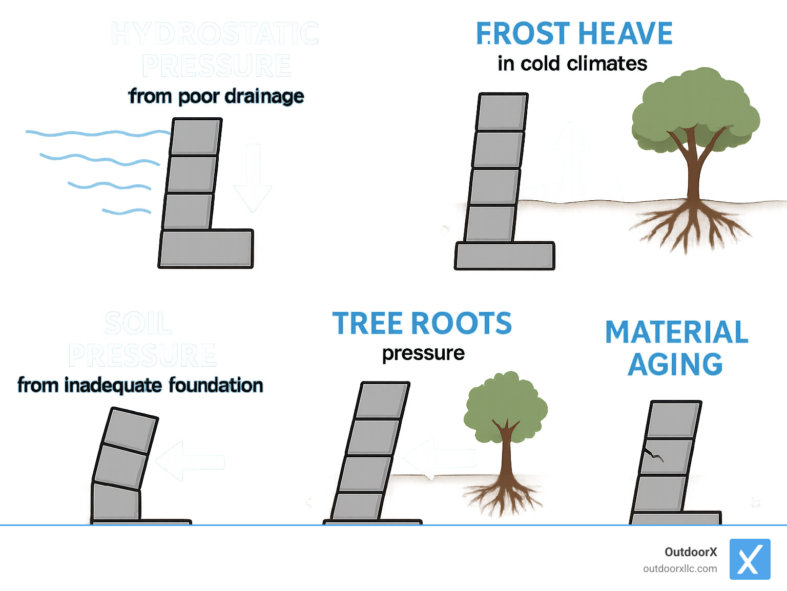 Infographic showing the key factors that cause retaining wall failure including hydrostatic pressure from poor drainage, soil pressure from inadequate foundation, frost heave in cold climates, tree root pressure, and normal material aging, with arrows indicating how these forces act on different parts of the wall structure - retaining wall repair contractors near me infographic Infographic showing the key factors that cause retaining wall failure including hydrostatic pressure from poor drainage, soil pressure from inadequate foundation, frost heave in cold climates, tree root pressure, and normal material aging, with arrows indicating how these forces act on different parts of the wall structure - retaining wall repair contractors near me infographic