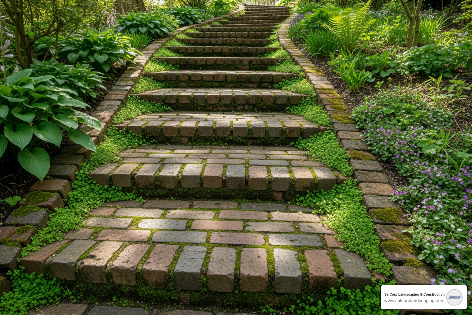 weathered brick steps on a slope, with moss and groundcover growing in the gaps - brick garden stairs