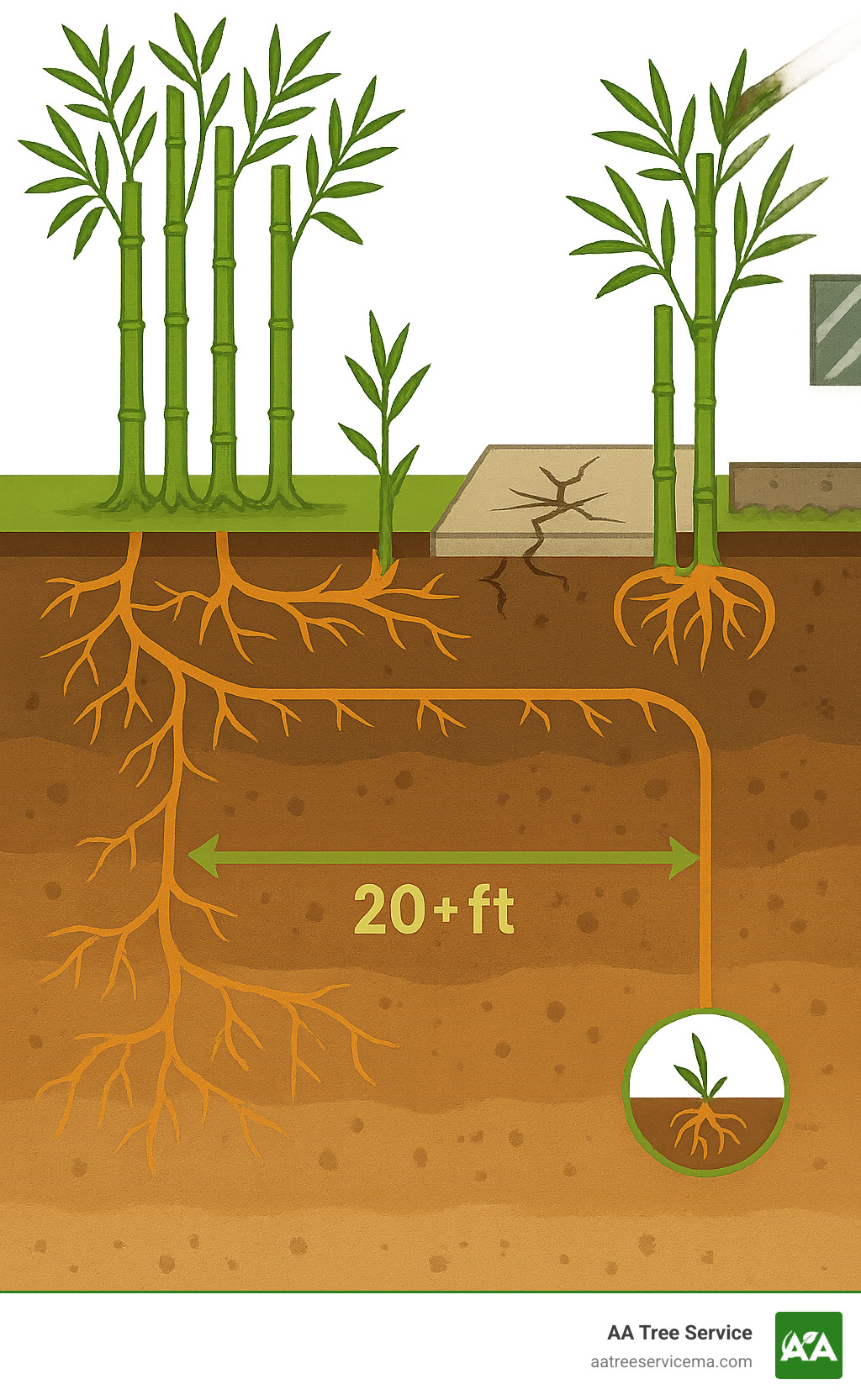 Infographic showing the extensive underground rhizome network of running bamboo spreading 20+ feet horizontally versus clumping bamboo that stays contained in a 5-inch radius, with illustrations of property damage including cracked driveways, damaged foundations, and bamboo shoots emerging through concrete - bamboo removal service infographic Infographic showing the extensive underground rhizome network of running bamboo spreading 20+ feet horizontally versus clumping bamboo that stays contained in a 5-inch radius, with illustrations of property damage including cracked driveways, damaged foundations, and bamboo shoots emerging through concrete - bamboo removal service infographic