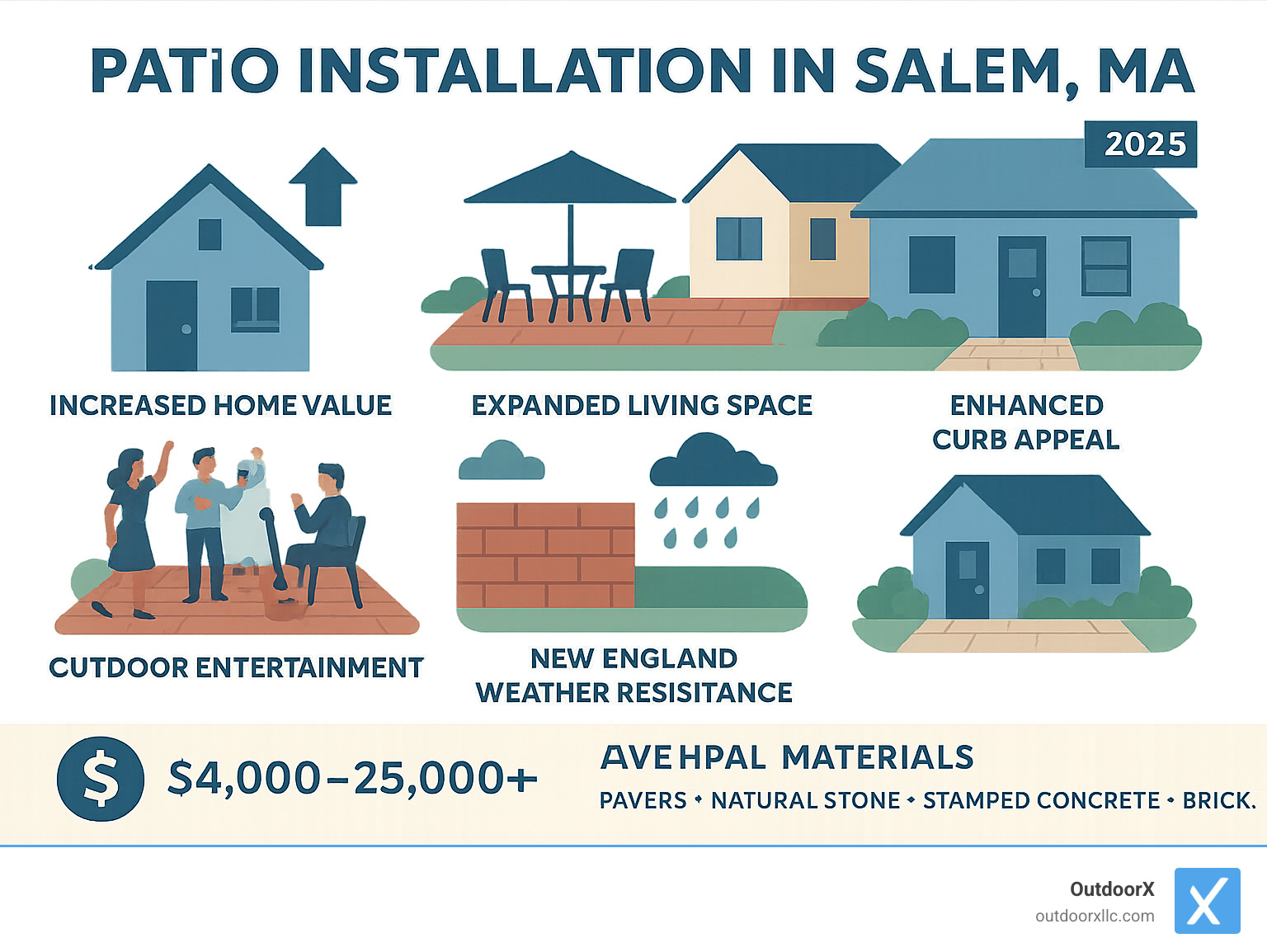Infographic showing key benefits of patio installation including increased home value, expanded living space, outdoor entertainment opportunities, durable New England weather resistance, and improved curb appeal with average cost ranges and popular material options - patio installation salem ma infographic 