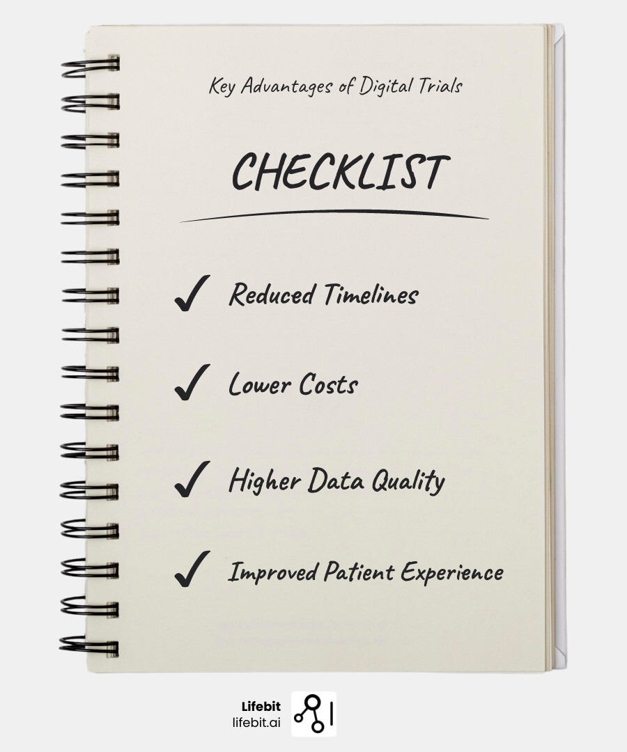 table comparing advantages and challenges of digital technologies in clinical trials - current systems and technology in clinical trials infographic checklist-notebook