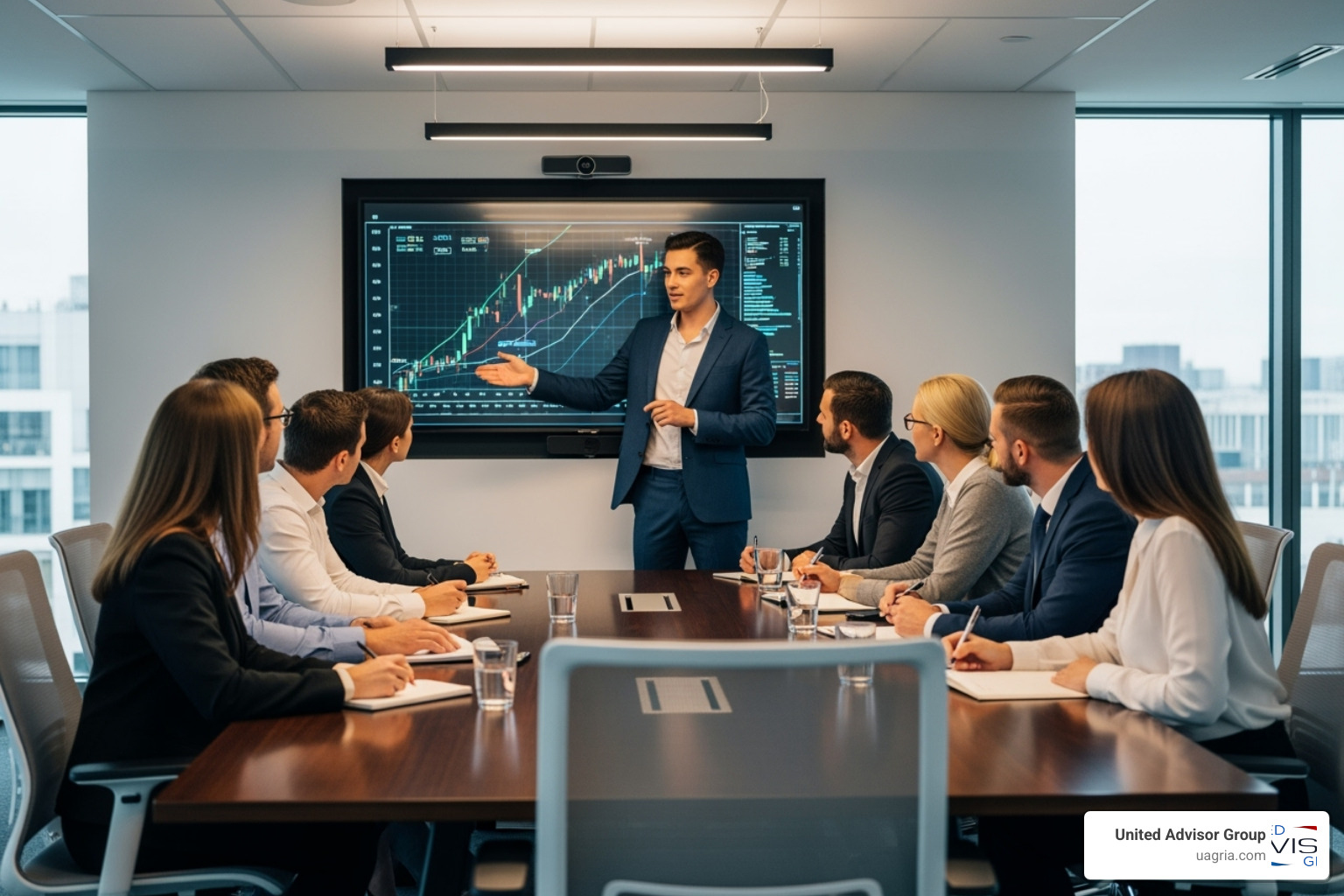 Image of a team meeting where a new advisor is confidently presenting to colleagues - recruiting the next generation of financial advisors
