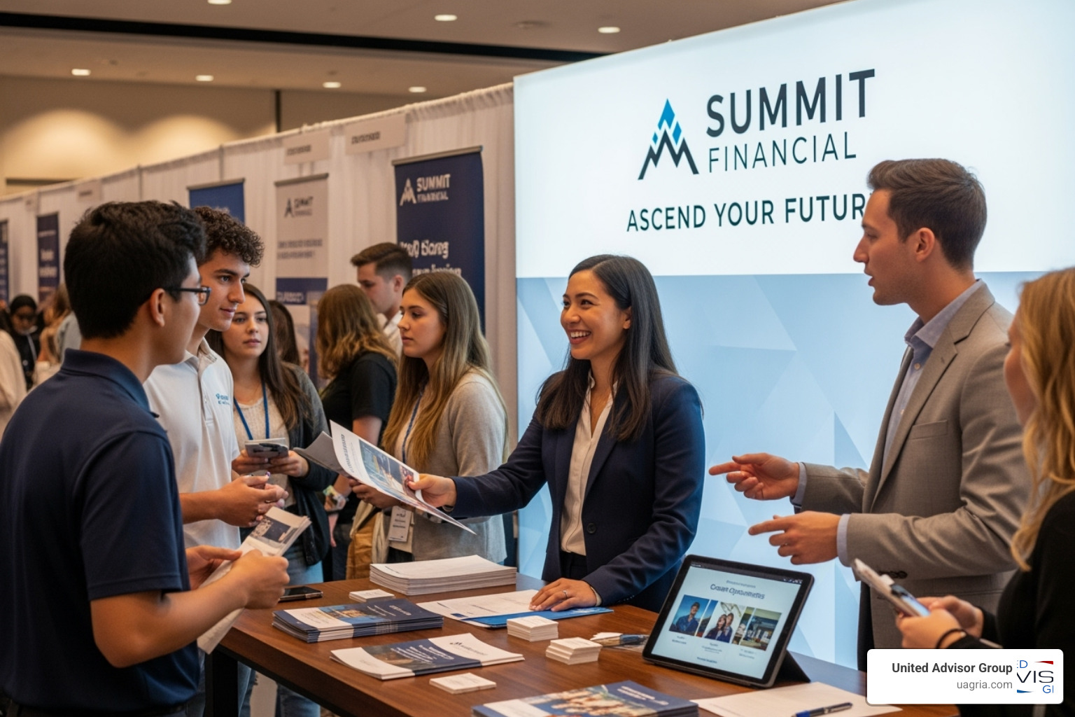 Image of a university career fair booth for a financial firm with engaging branding - recruiting the next generation of financial advisors