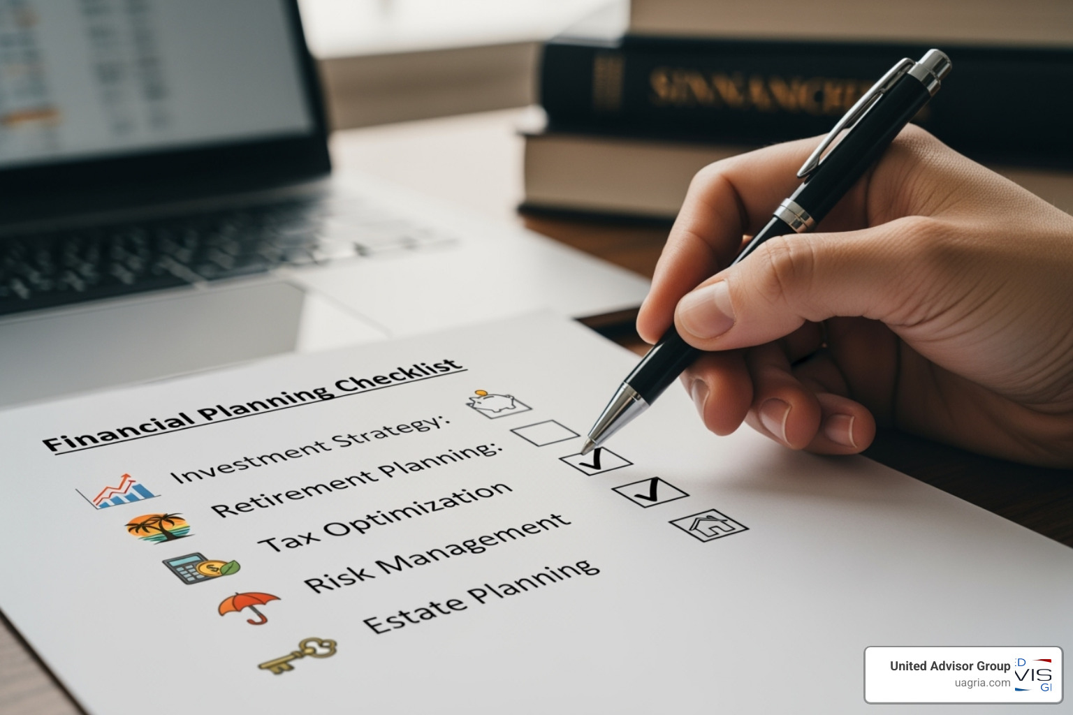 A checklist of financial services including investment management, retirement planning, tax strategy, risk management, and estate planning - Holistic financial planning