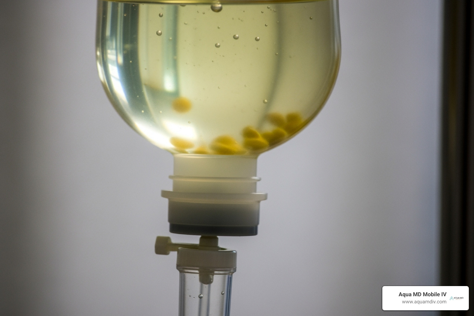 Close-up of an IV bag with common ingredients like Vitamin C and B-Vitamins labeled - iv at home service near me
