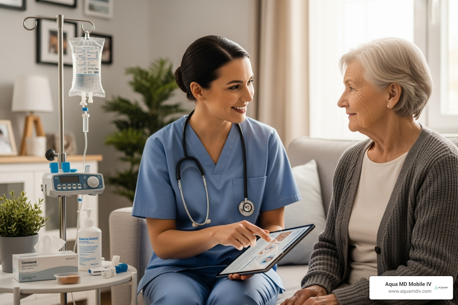 Friendly nurse consulting with a patient at their home before the treatment - iv at home service near me