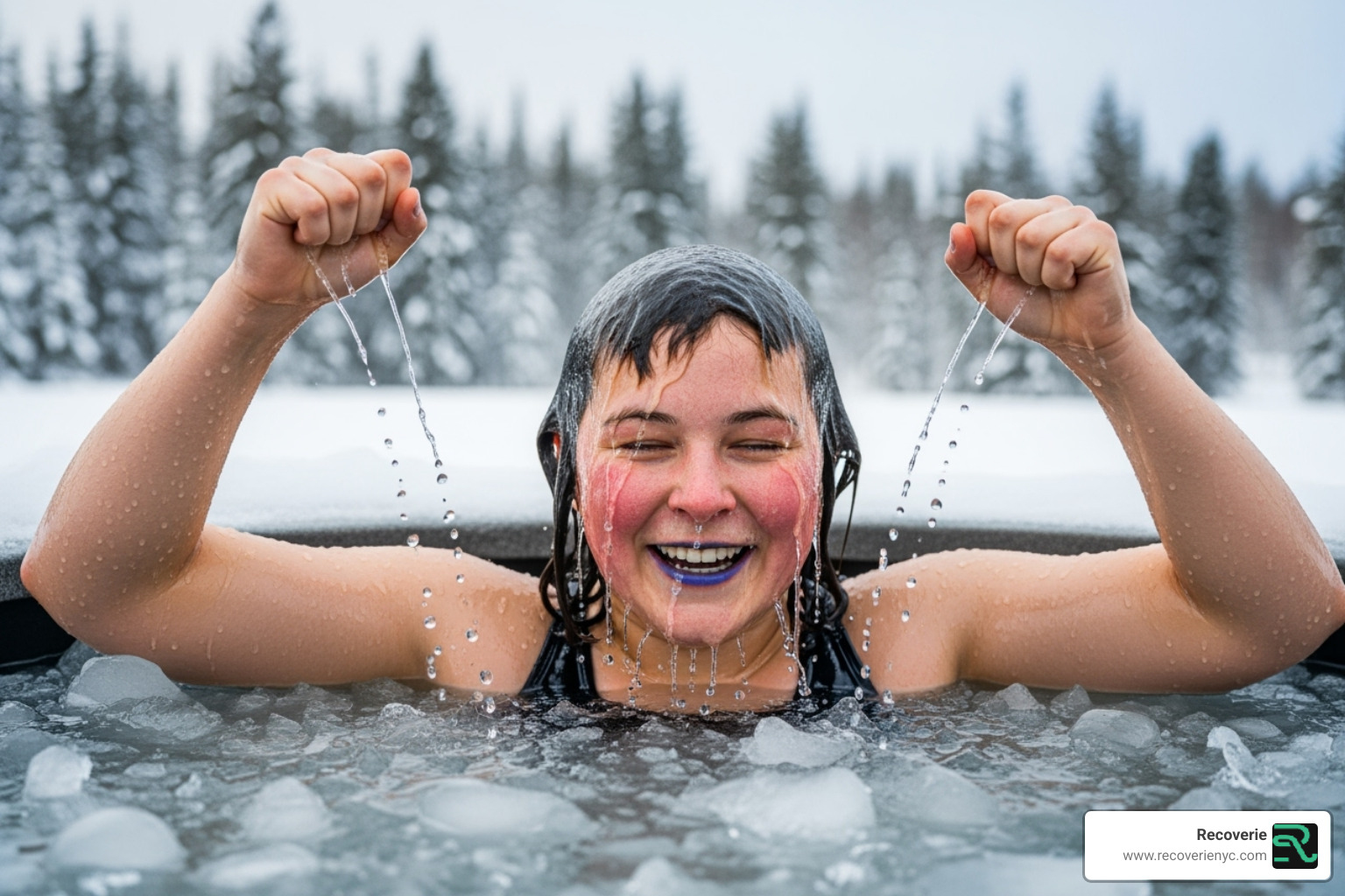 Person emerging from an ice bath, looking invigorated and smiling - Ice bath benefits
