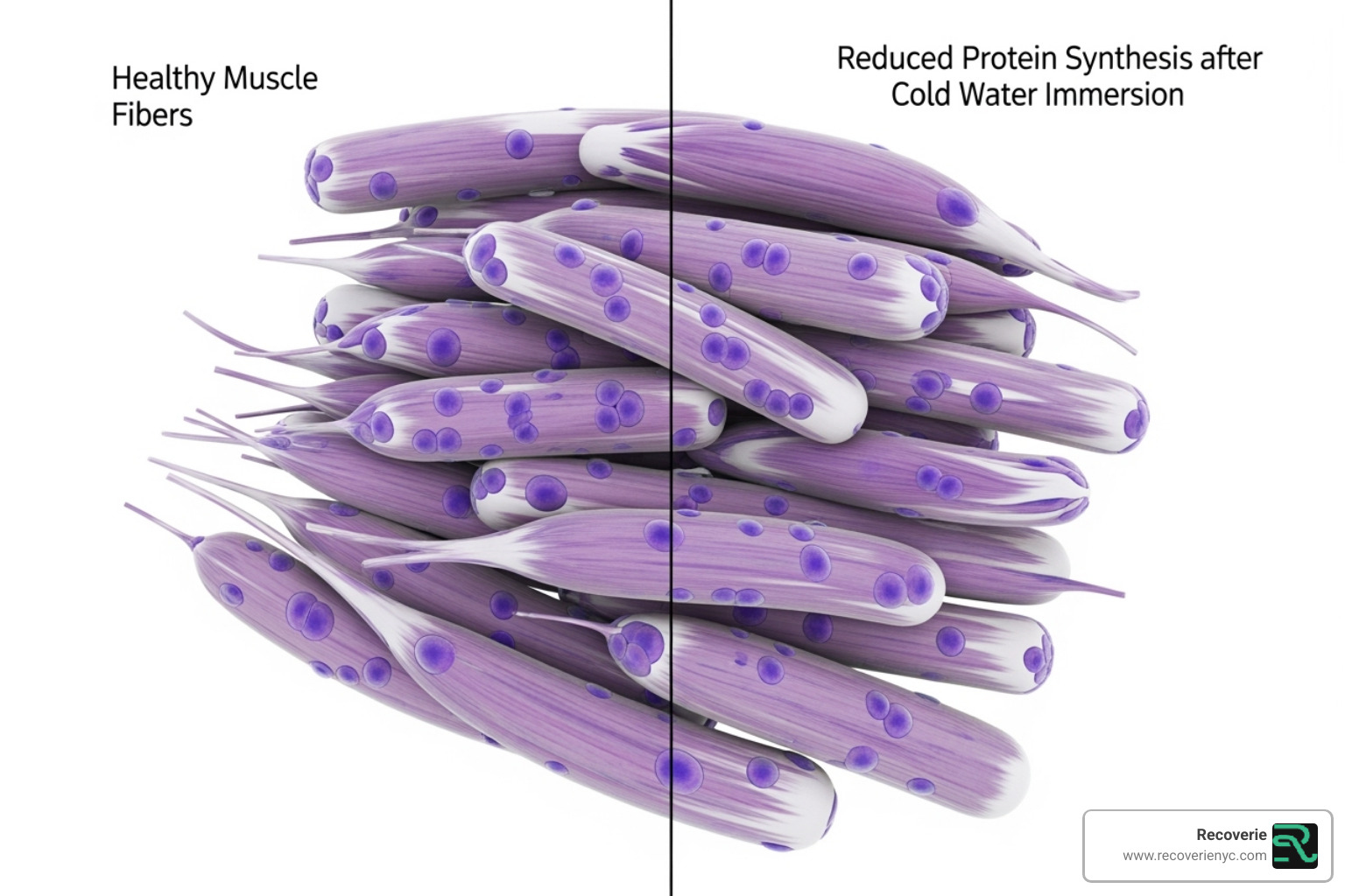 Illustration comparing muscle fibers before and after cold water immersion, indicating potential blunting of muscle protein synthesis in the context of muscle growth - Ice bath benefits