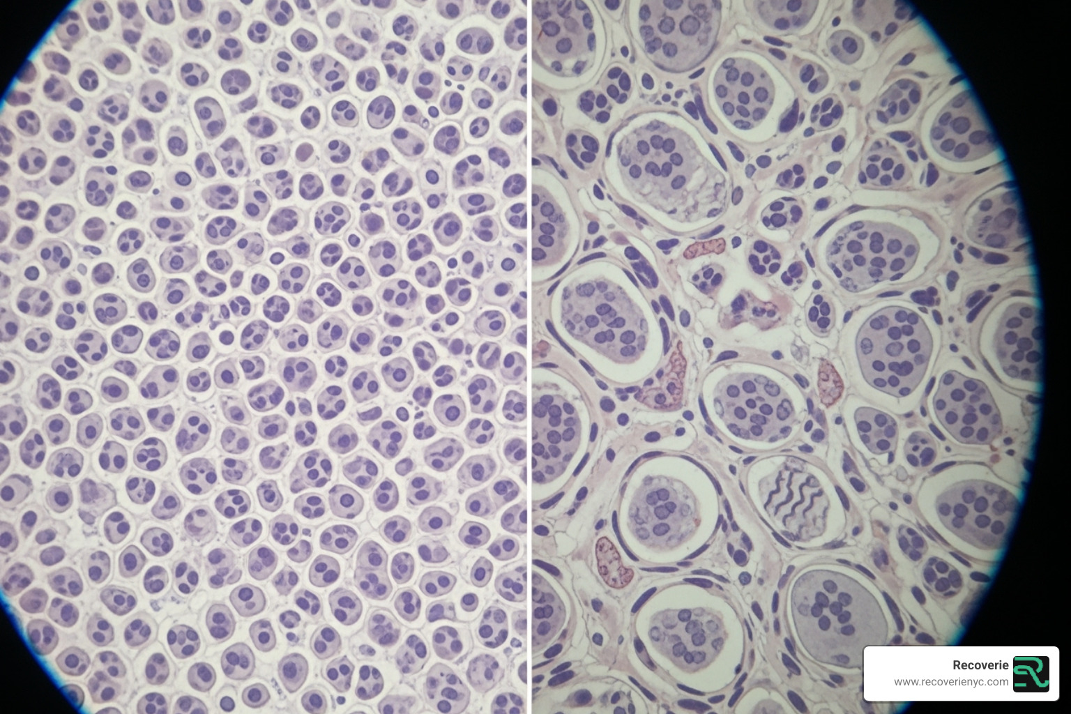 Microscopic view showing a comparison of muscle fibers, some appearing healthy and others potentially impacted by certain recovery methods - Ice bath benefits