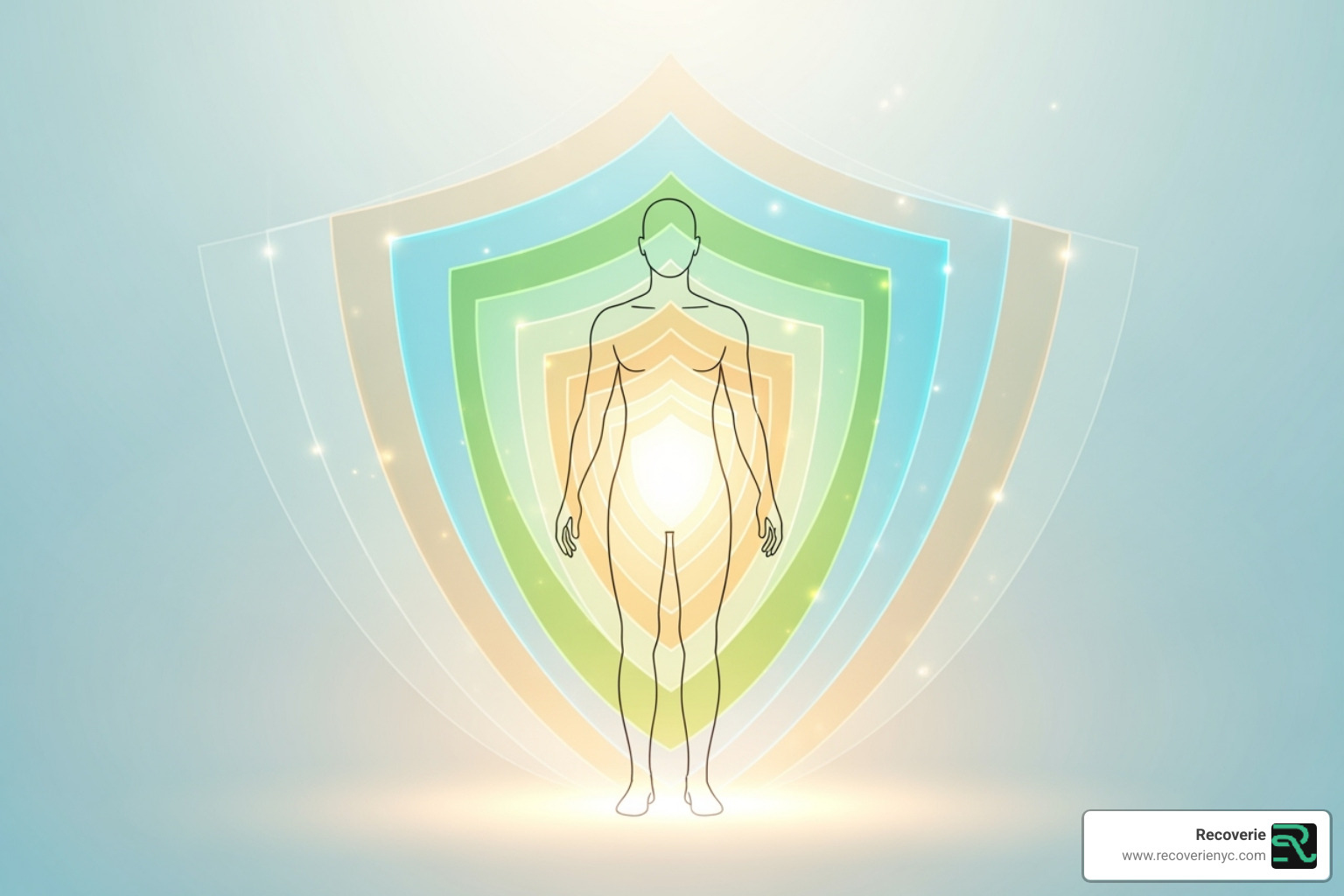 Illustration of a person surrounded by protective shields, symbolizing a strengthened immune system - Ice bath benefits