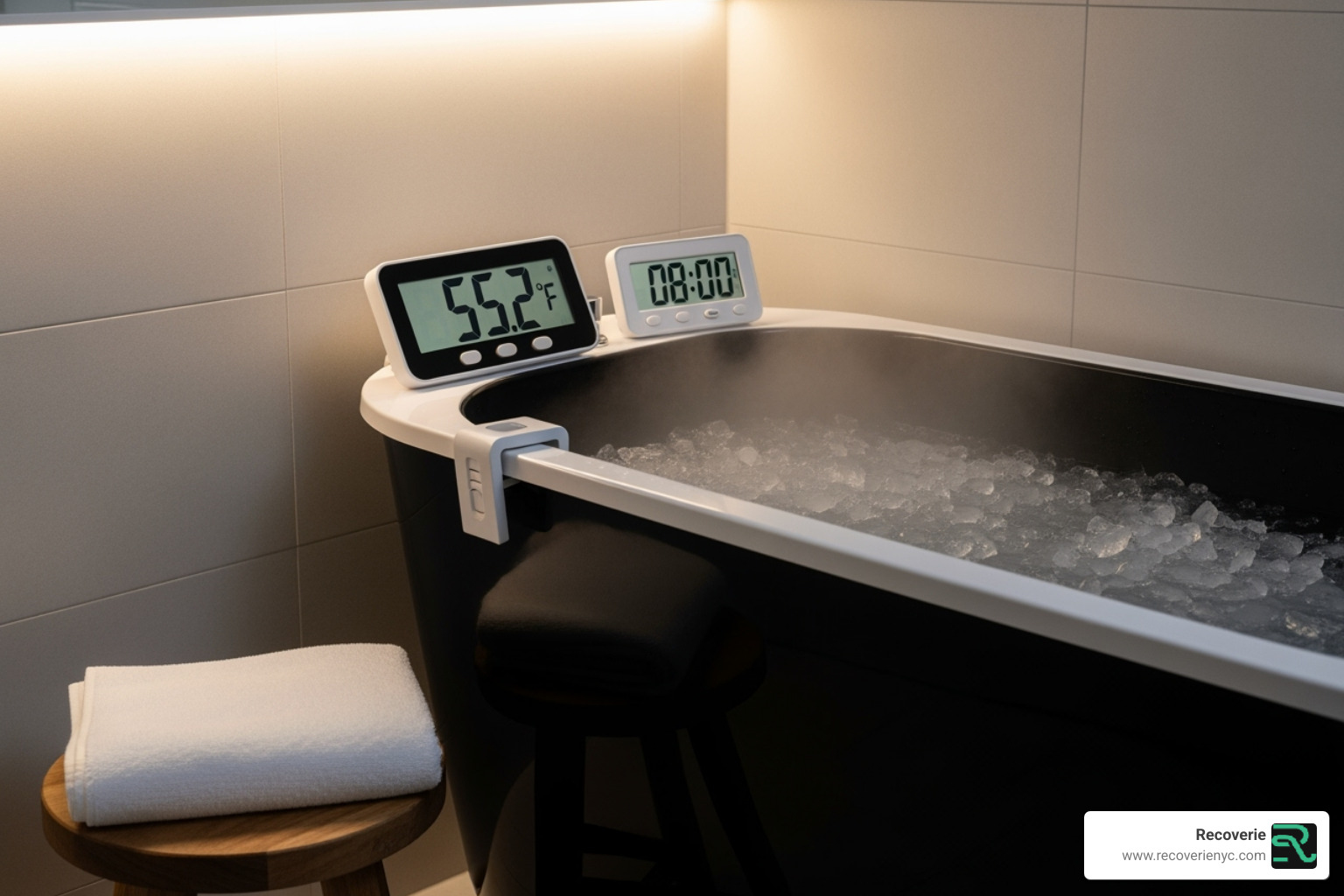 Home ice bath setup with a thermometer showing 55F and a timer set to 8 minutes - Ice bath benefits