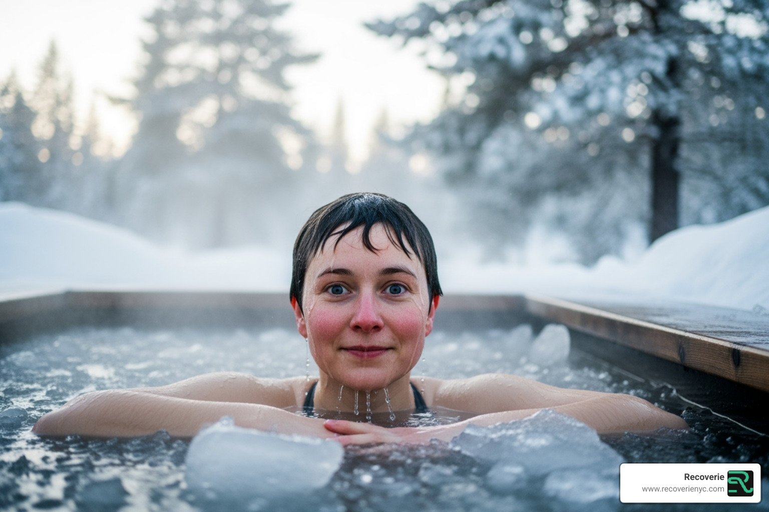 Person emerging from a cold plunge, looking refreshed and alert with a subtle smile - Ice bath benefits