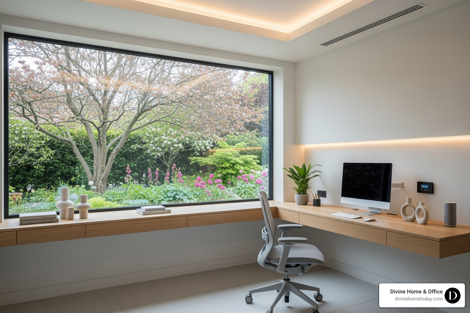 A sleek home office with integrated smart technology, minimalist furniture, and a view of a garden. - luxury mansion interior designs A sleek home office with integrated smart technology, minimalist furniture, and a view of a garden. - luxury mansion interior designs