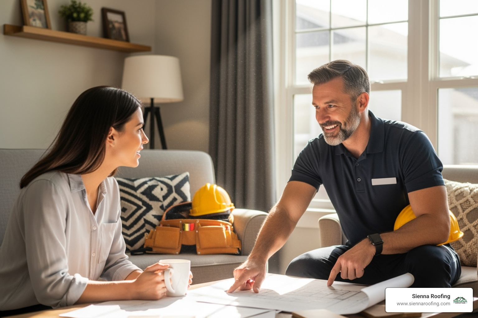 friendly contractor discussing plans with a homeowner - roof replacement