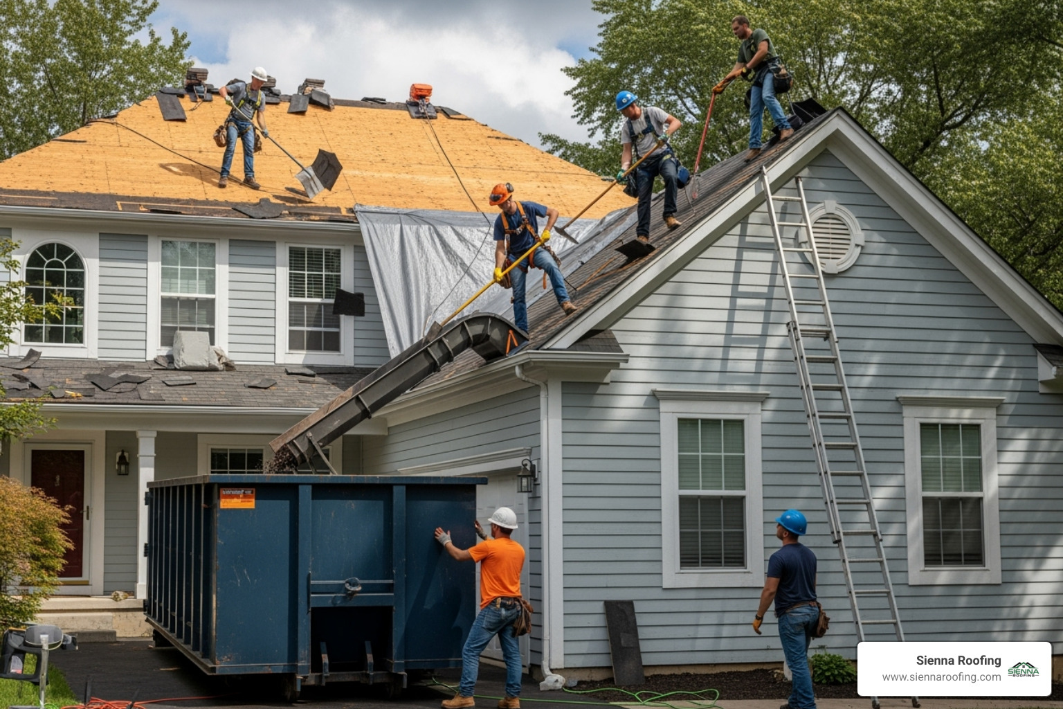 professional roofing crew safely working on a roof tear-off - roof replacement