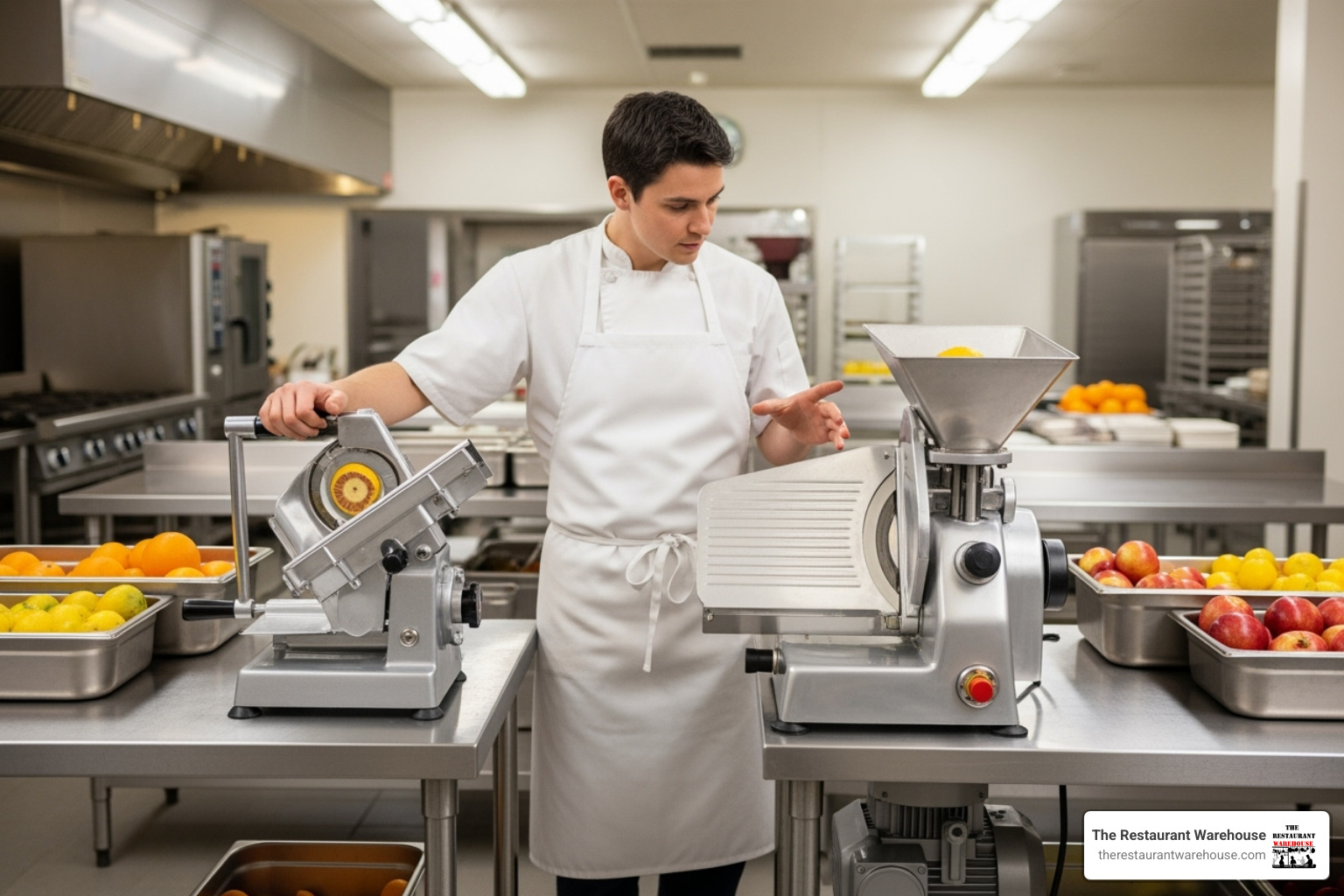 person comparing a manual countertop slicer and a larger electric floor model slicer - commercial fruit slicer machine person comparing a manual countertop slicer and a larger electric floor model slicer - commercial fruit slicer machine