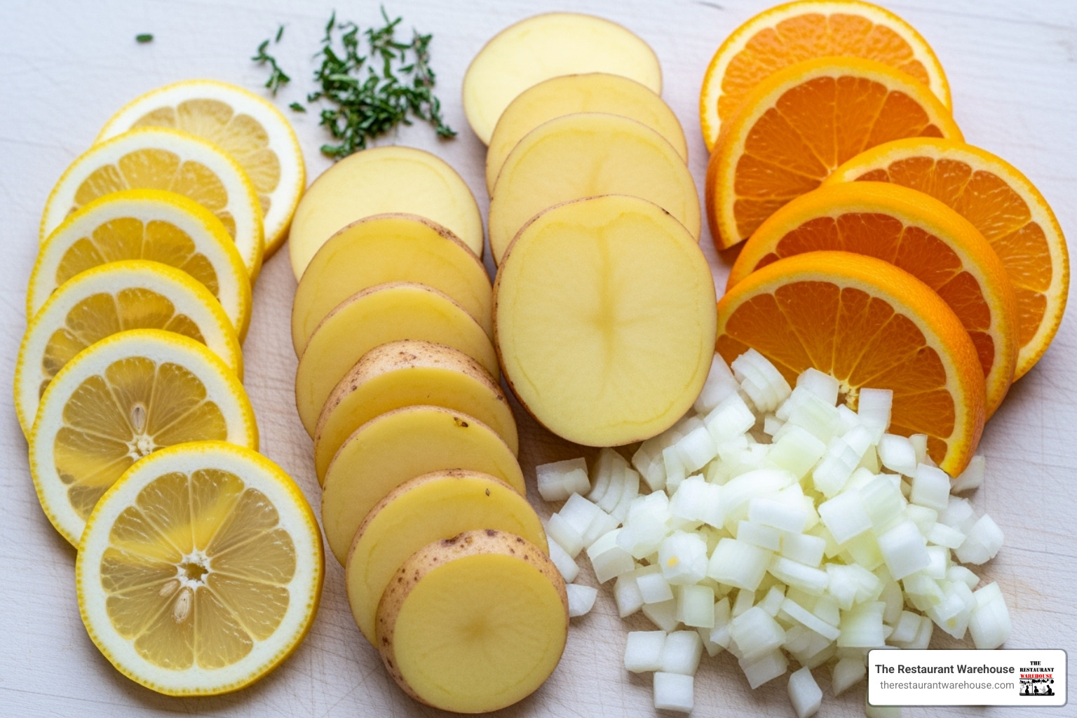 variety of cuts: thin lemon slices, thick potato slices, orange wedges, and diced onions - commercial fruit slicer machine variety of cuts: thin lemon slices, thick potato slices, orange wedges, and diced onions - commercial fruit slicer machine