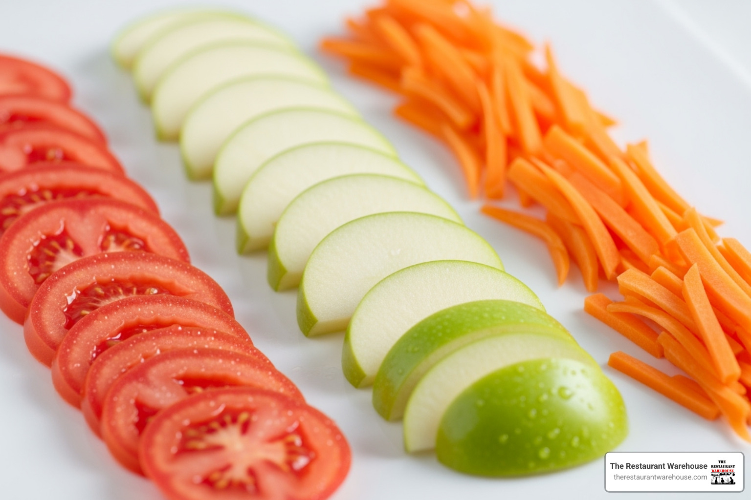 perfectly uniform tomato slices, apple wedges, and julienned carrots arranged neatly - commercial fruit slicer machine perfectly uniform tomato slices, apple wedges, and julienned carrots arranged neatly - commercial fruit slicer machine