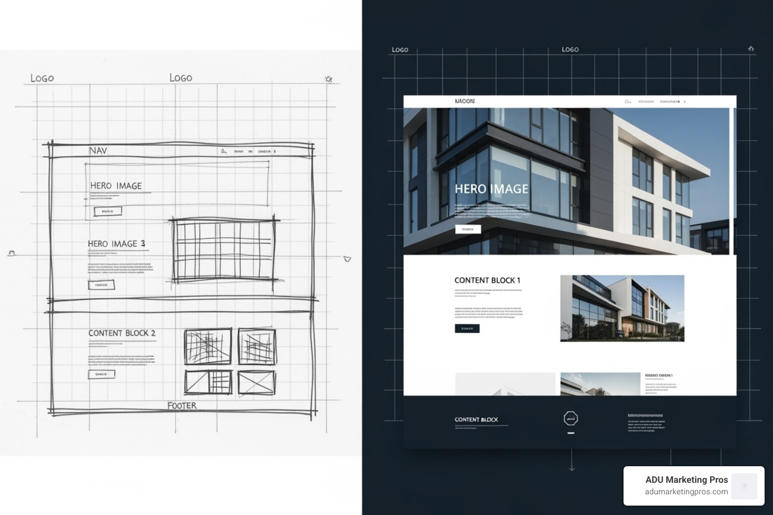 A wireframe sketch for an architect's website showing basic layout and content blocks next to the final, polished design, demonstrating the change from concept to completion with high-resolution images and refined typography. - web design for architects