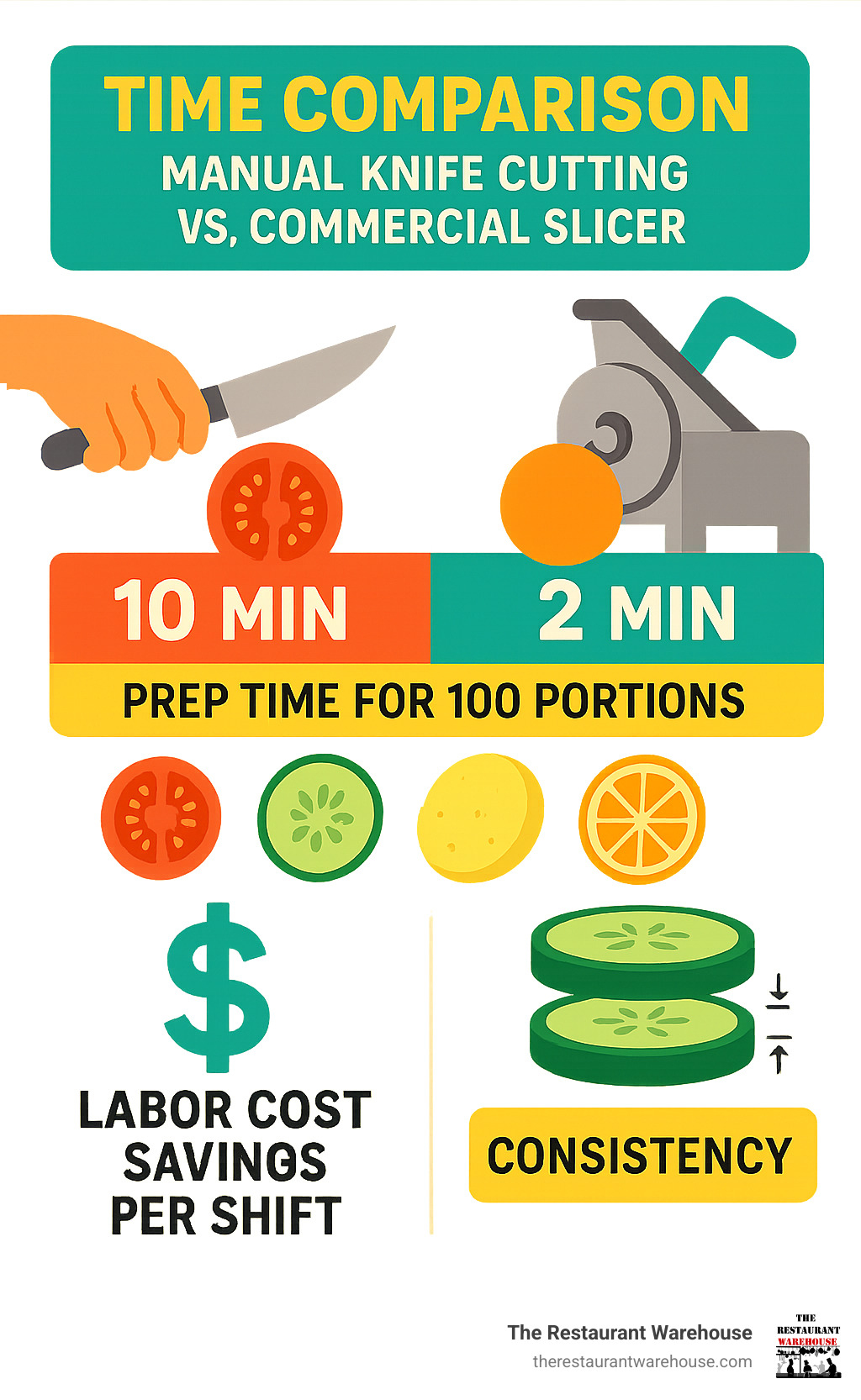 Infographic showing time comparison between manual knife cutting and commercial slicer operation, displaying prep time for 100 portions of various fruits and vegetables, labor cost savings per shift, and consistency metrics for slice thickness - commercial fruit slicer machine infographic Infographic showing time comparison between manual knife cutting and commercial slicer operation, displaying prep time for 100 portions of various fruits and vegetables, labor cost savings per shift, and consistency metrics for slice thickness - commercial fruit slicer machine infographic