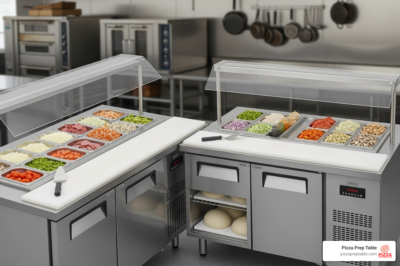 comparing a standard top and a mega top prep table - pizza prep table with sneeze guard