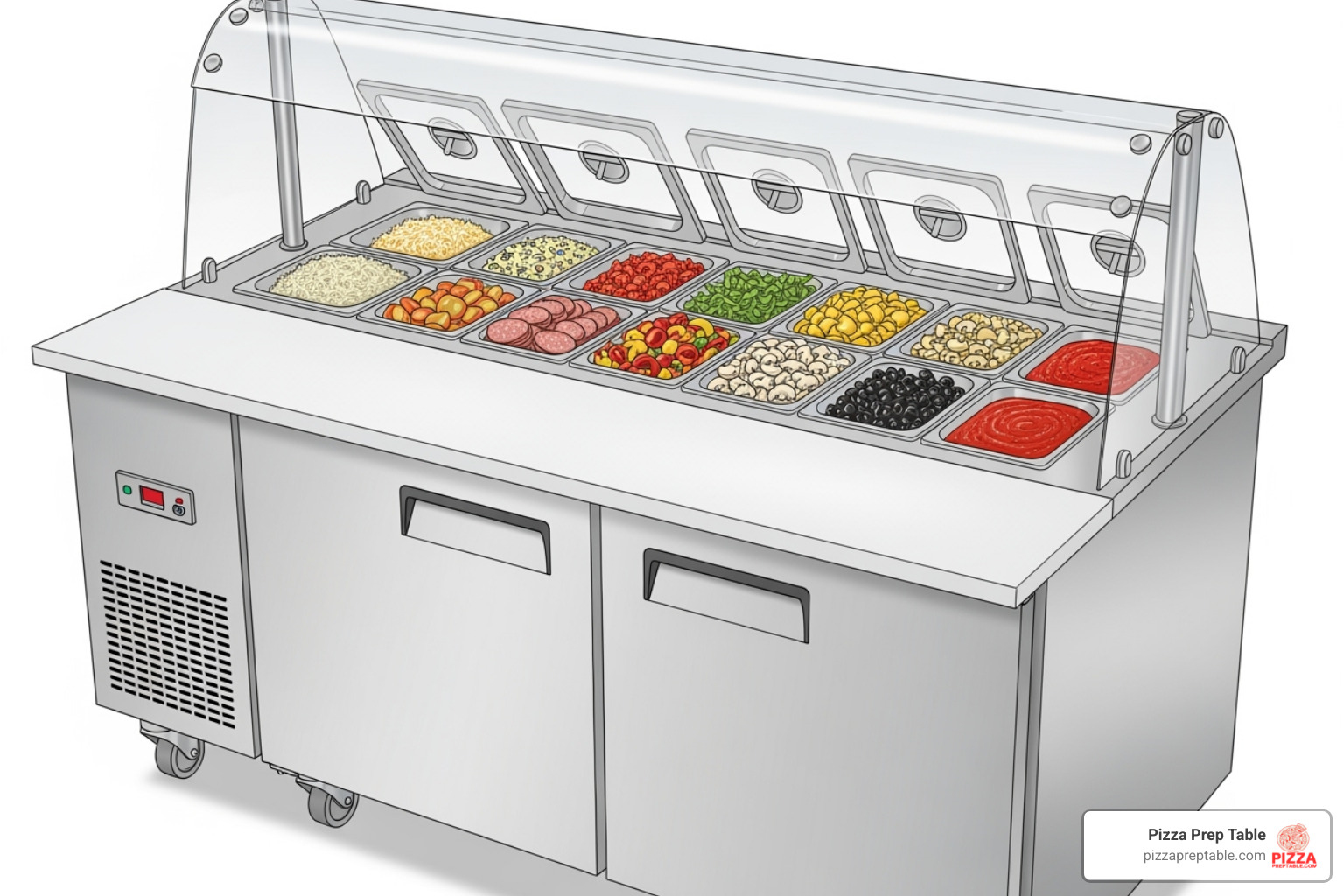 diagram labeling the parts of a pizza prep table - pizza prep table with sneeze guard