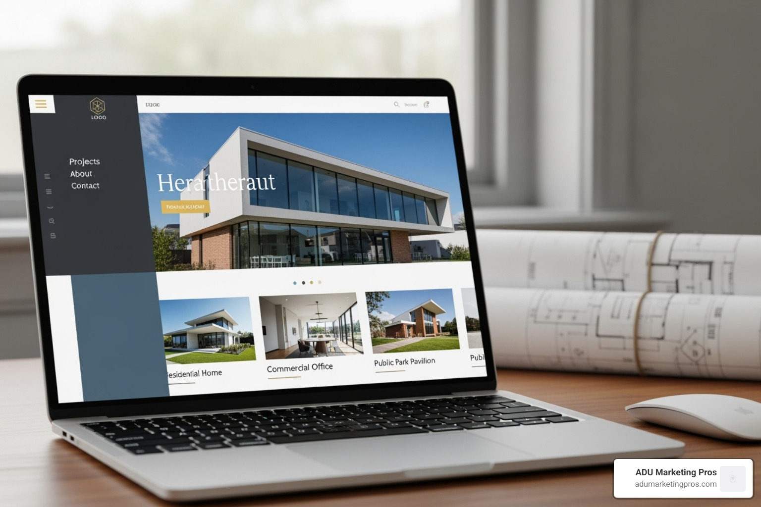 A high-resolution, full-screen project gallery on an architect's website, emphasizing clarity and attention to detail, with clickable thumbnails leading to detailed case studies. - web design for architects