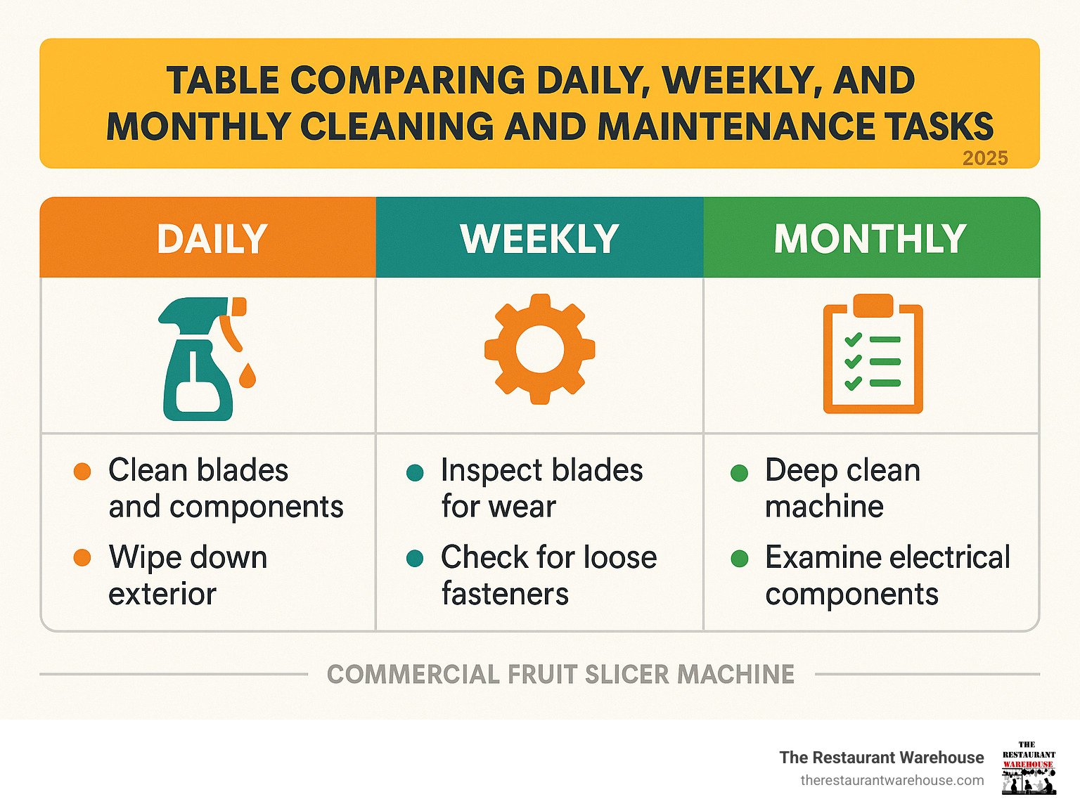 table comparing daily, weekly, and monthly cleaning and maintenance tasks - commercial fruit slicer machine infographic table comparing daily, weekly, and monthly cleaning and maintenance tasks - commercial fruit slicer machine infographic