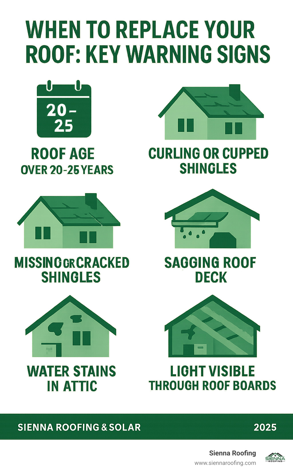 Infographic showing the 7 key warning signs that indicate your roof needs replacement: roof age over 20-25 years, curling or cupped shingles, missing or cracked shingles, shingle granules in gutters, sagging roof deck, water stains in attic, and light visible through roof boards - roof replacement infographic 