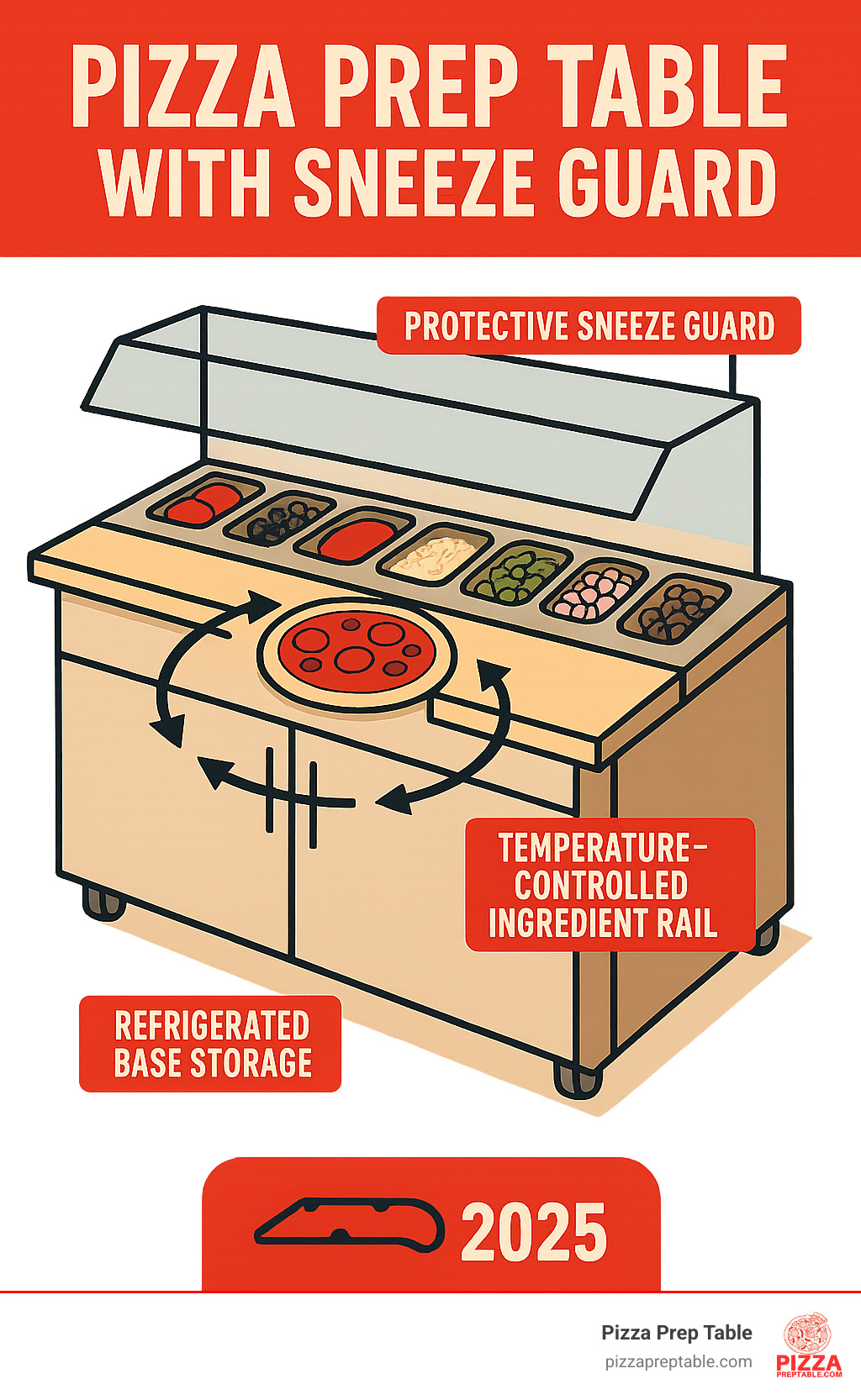 Infographic showing cross-section of pizza prep table with sneeze guard, labeling refrigerated base storage, temperature-controlled ingredient rail, protective sneeze guard barrier, and workflow arrows demonstrating efficient pizza assembly process - pizza prep table with sneeze guard infographic 