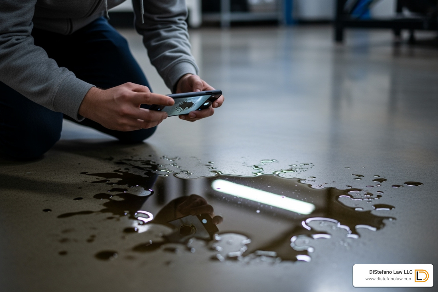 A person taking a photo of a spill on the floor with their smartphone - Commercial slip fall attorney