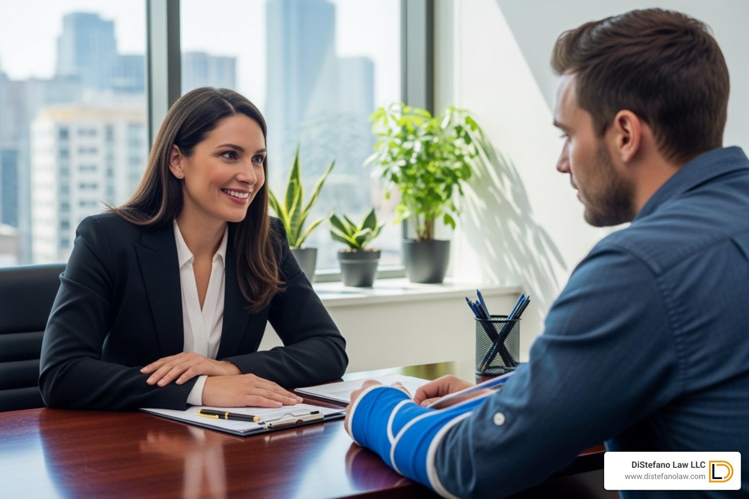 A compassionate attorney consulting with an injured client - Commercial slip fall attorney