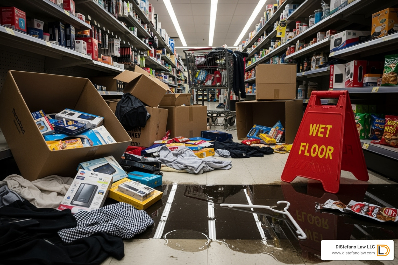 A cluttered aisle in a retail store, representing a tripping hazard - Commercial slip fall attorney