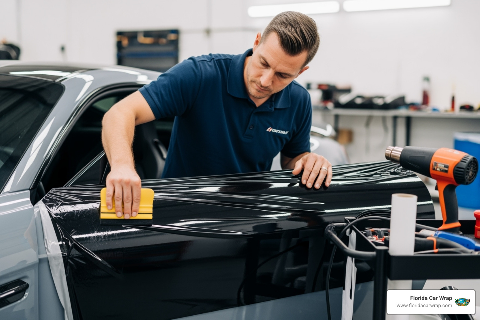 A professional installer using a squeegee to apply a wrap to a car door - Custom car wrap designs