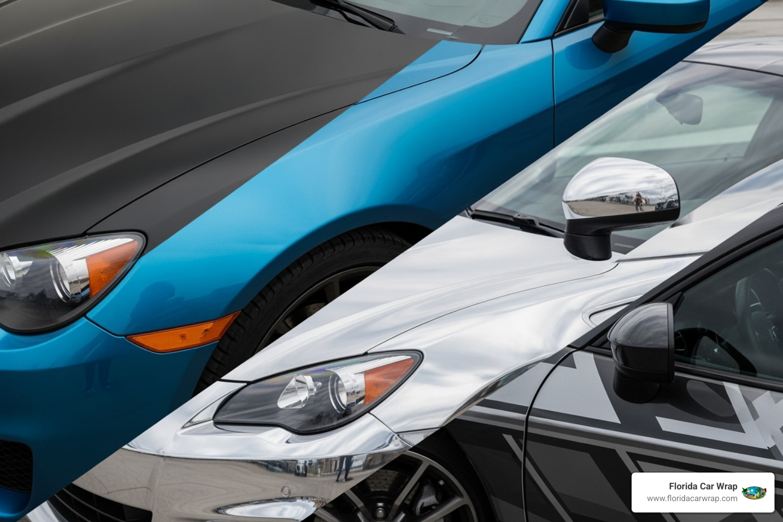 Collage showcasing different wrap finishes like matte, satin, chrome, and patterned designs - Custom car wrap designs