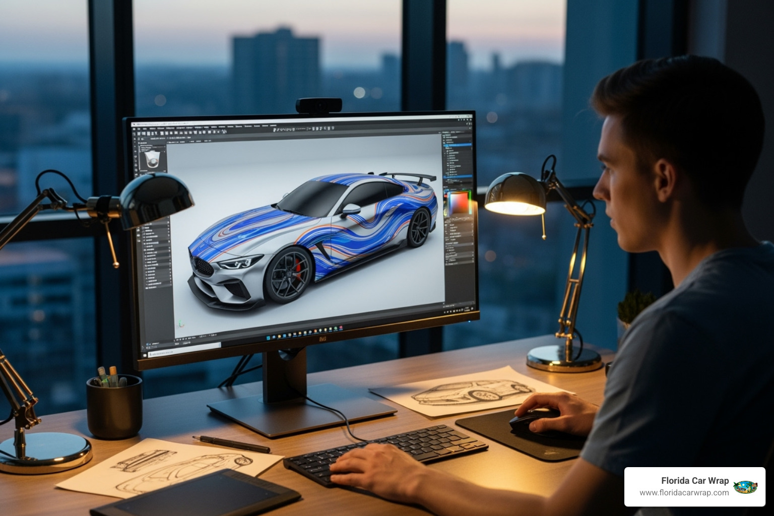 A designer at a computer screen showing a 3D car model with a wrap design - Custom car wrap designs