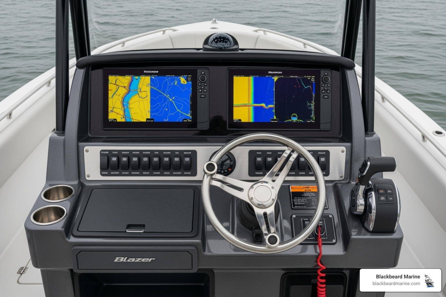a modern console on a Blazer Bay boat with dual GPS/fish finder screens - Fishing boat accessories