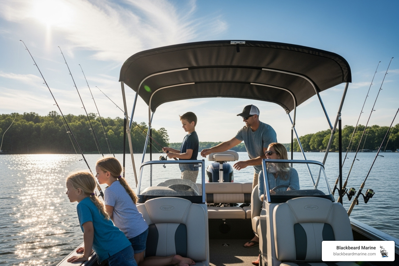 a family enjoying a day on a SeaArk boat with a bimini top deployed - Fishing boat accessories