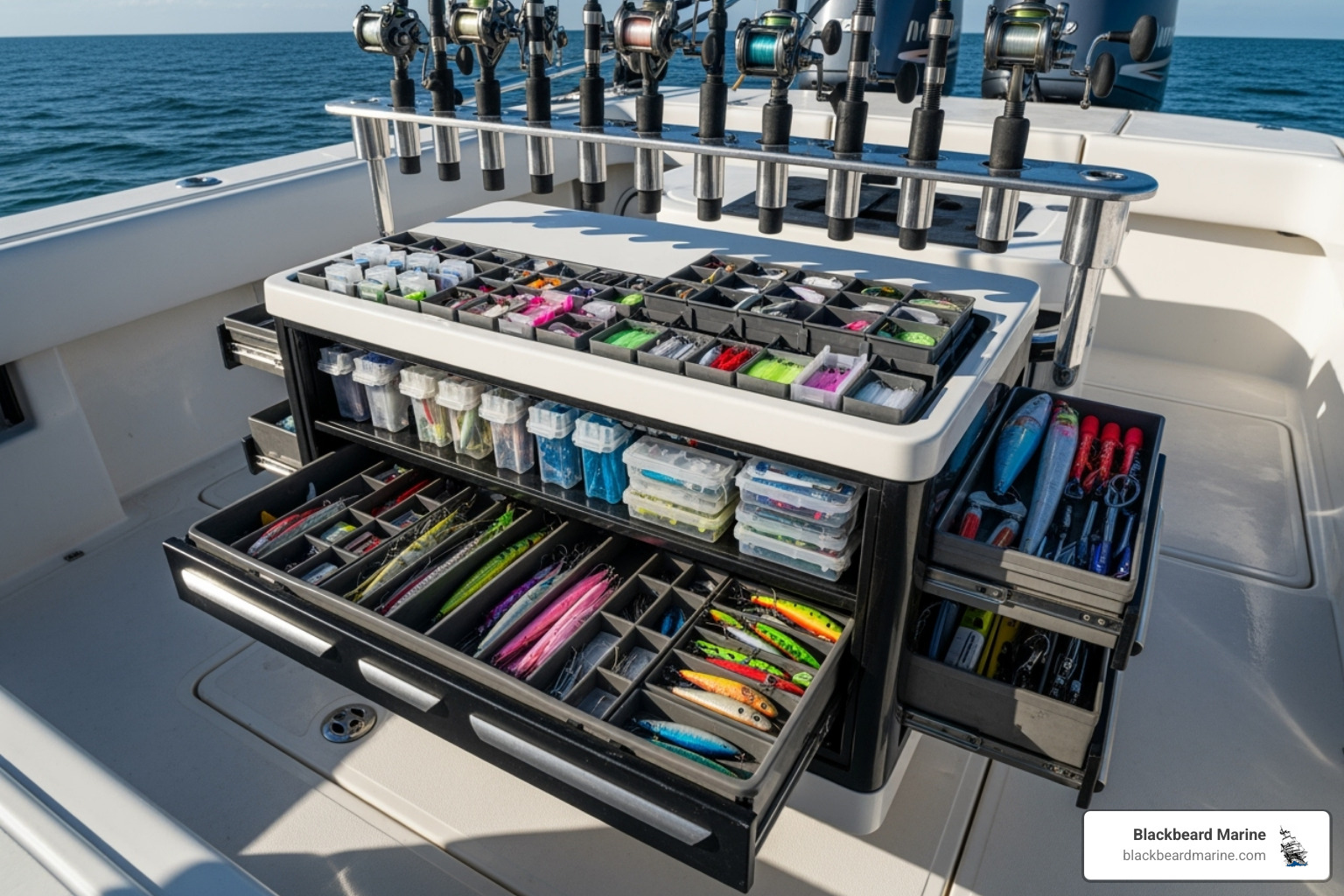 an organized tackle storage system and rod rack on a Lowe fishing boat - Fishing boat accessories